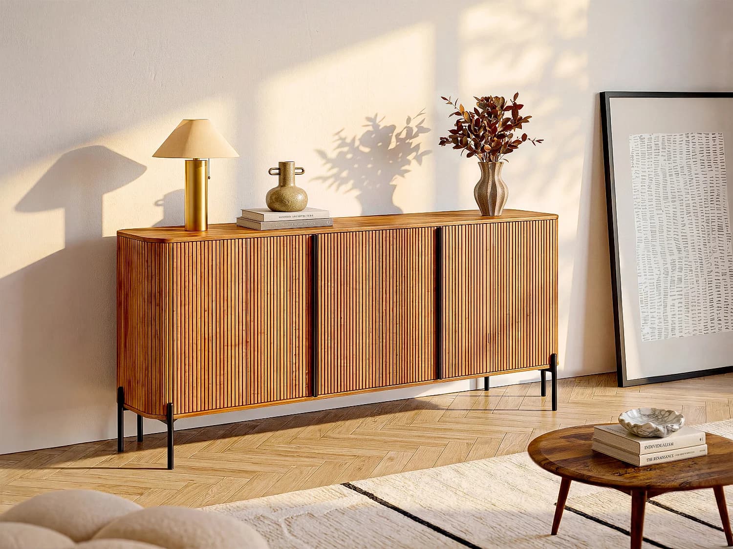 Buffet avec 3 portes en bois de manguier et métal - Naturel et noir - BALIMELA