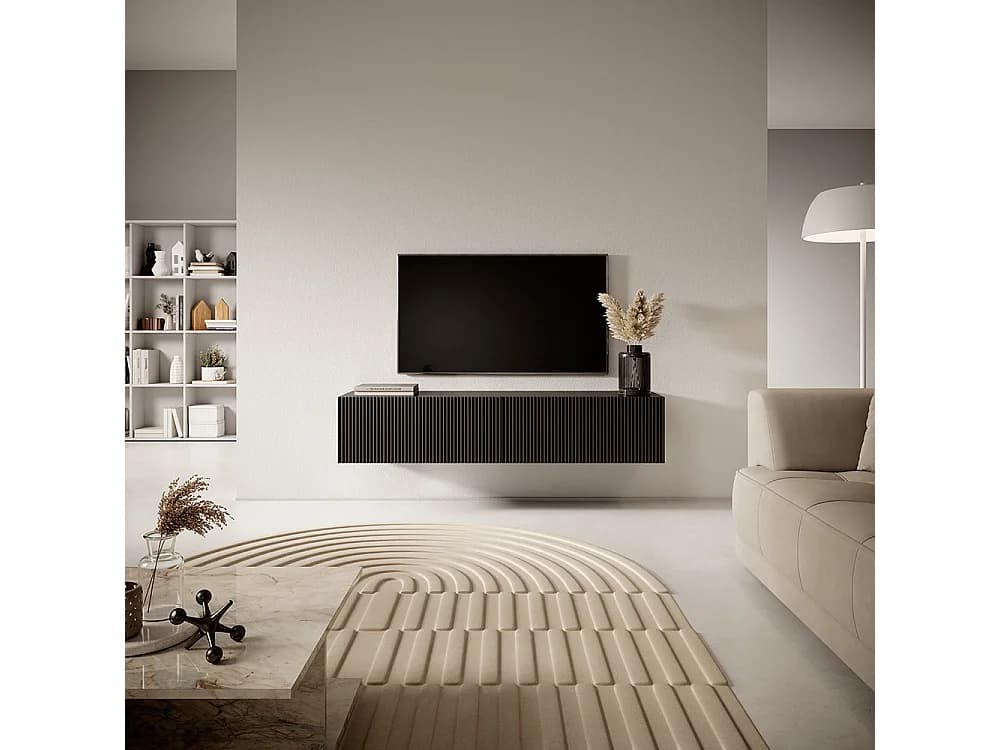Meuble TV suspendu - 140 cm - noir avec façade fraisée - VELDIO