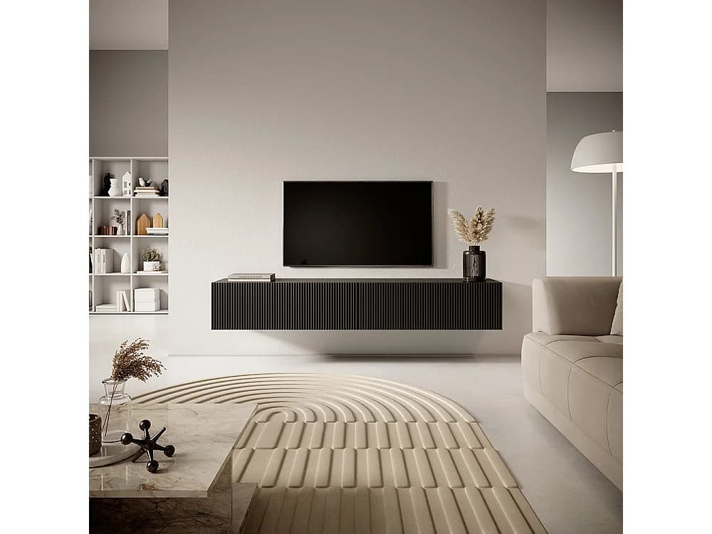 Meuble TV noir de 175 cm avec façade fraisée VELDIO