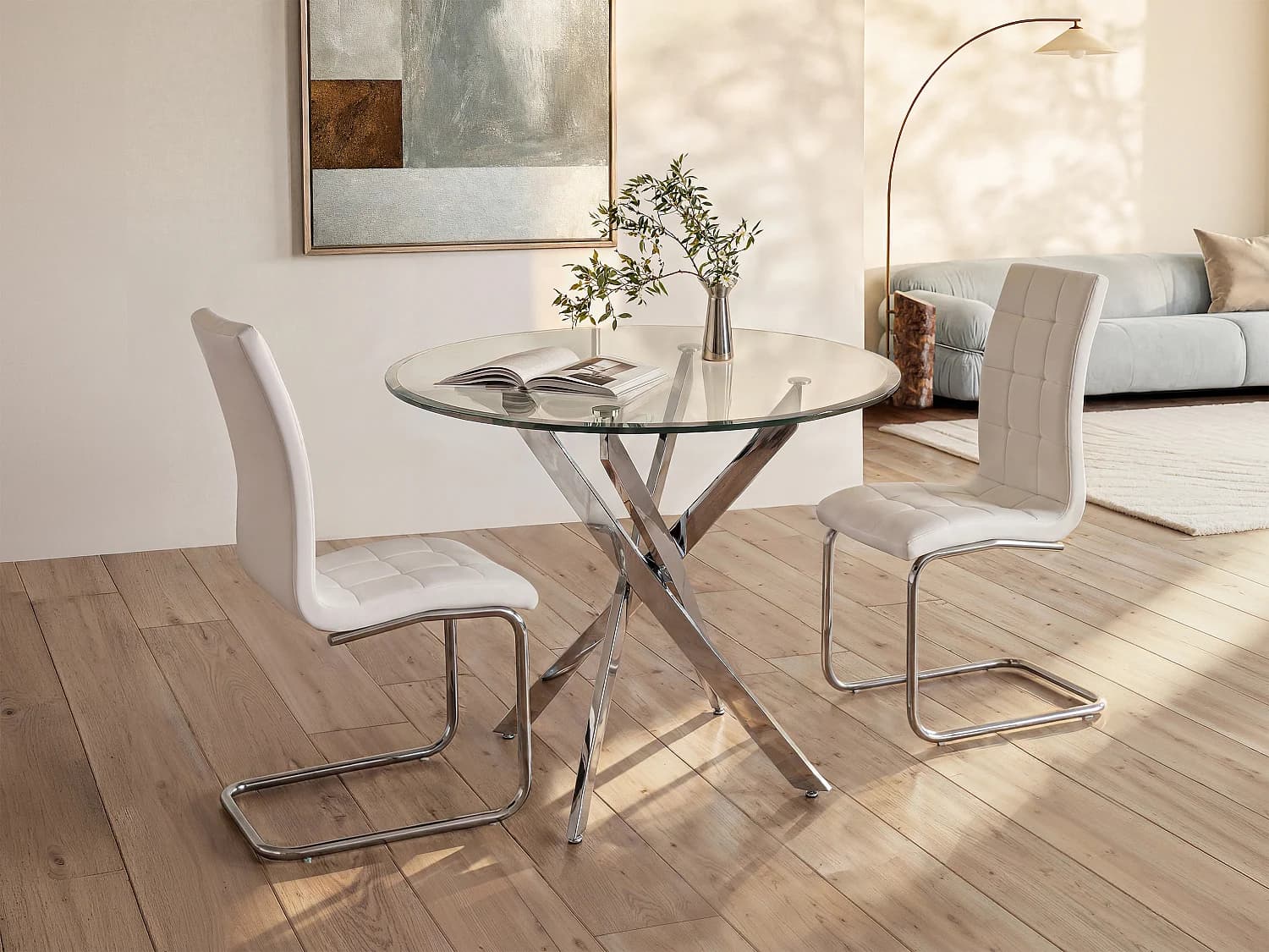 Table à manger ronde 2 personnes en verre trempé et métal chromé - COSIMA