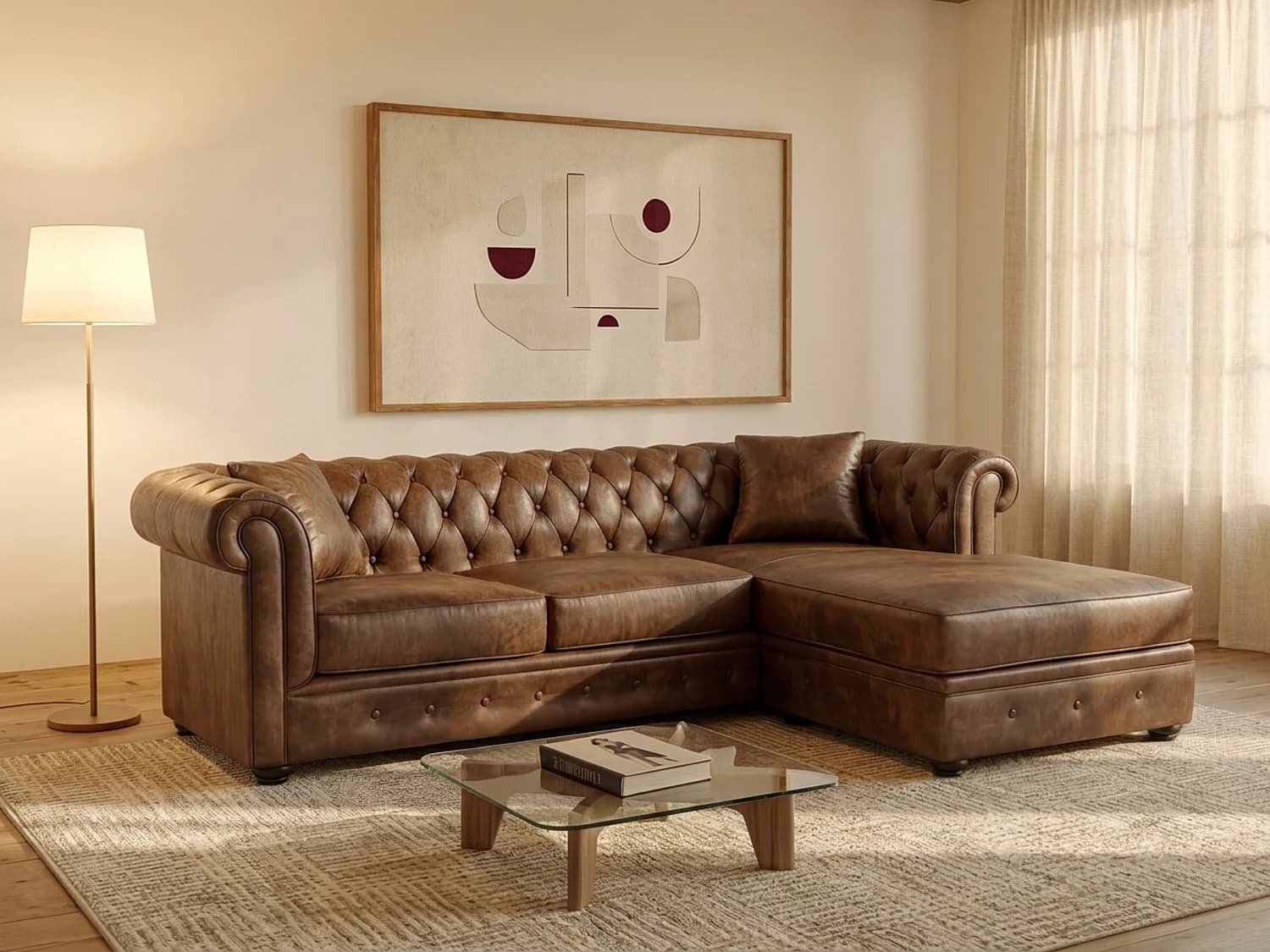 Canapé d'angle chesterfield réversible TOLEDO en microfibre vieillie - Marron