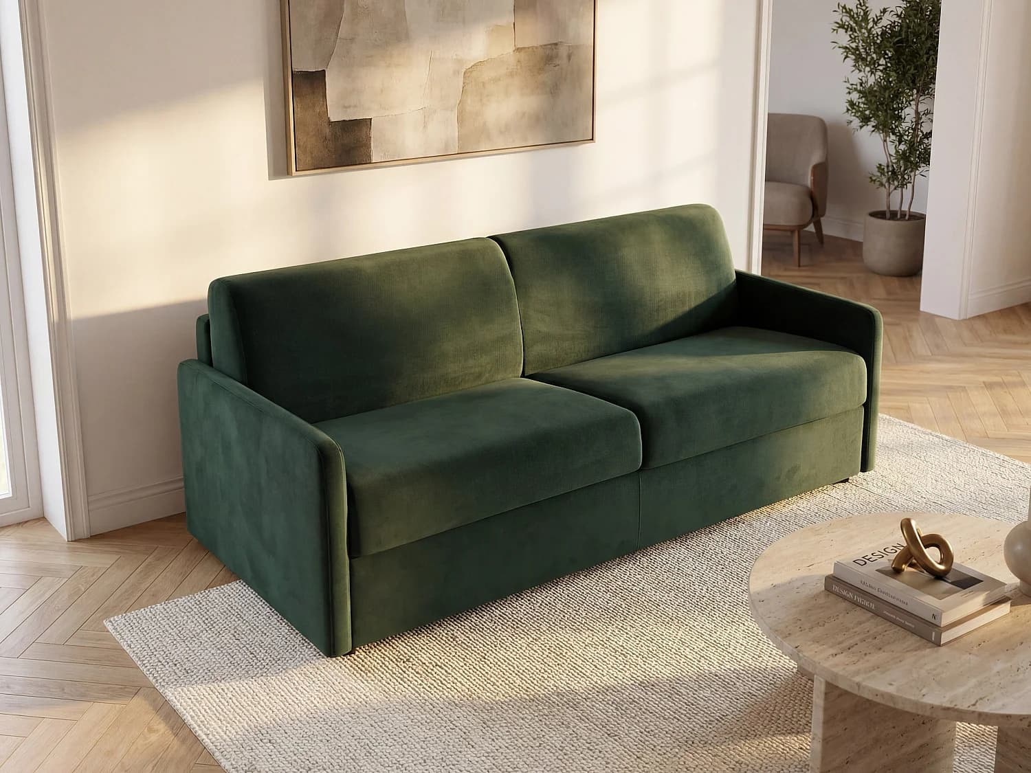 Canapé 4 places convertible express en velours vert sapin - Couchage 160 cm - Matelas 18 cm CALIFE