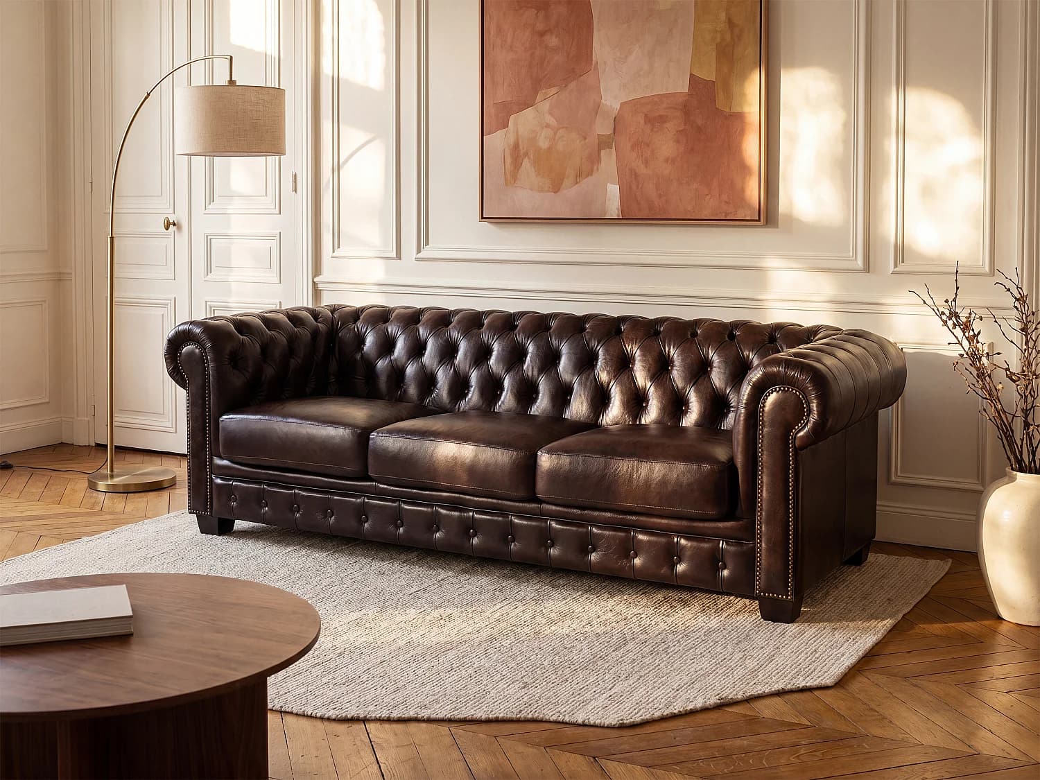 Canapé chesterfield 4 places BRENTON 100% cuir de buffle - Marron reflets châtains