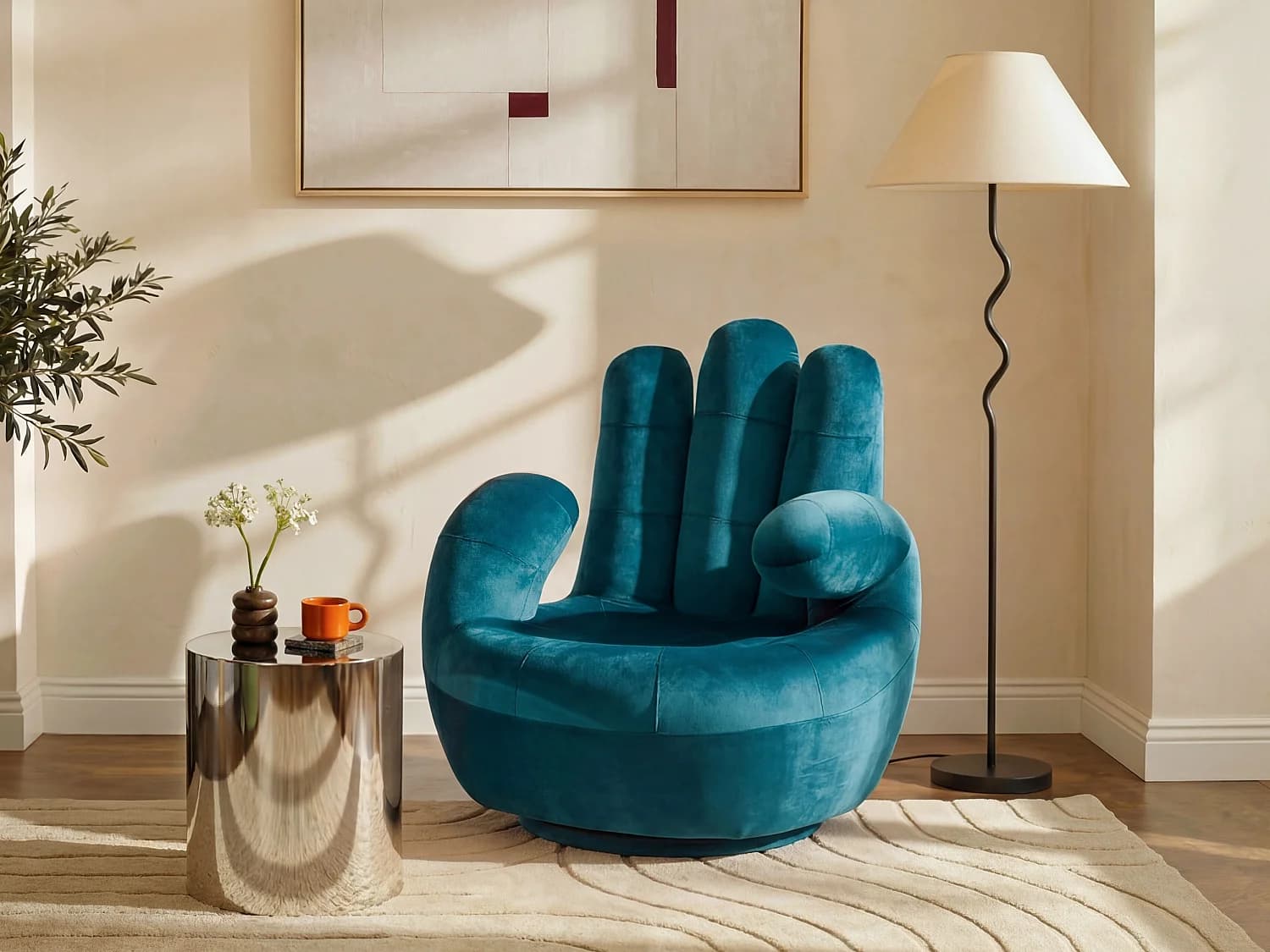 Fauteuil main pivotant CATCHY en velours - Bleu canard