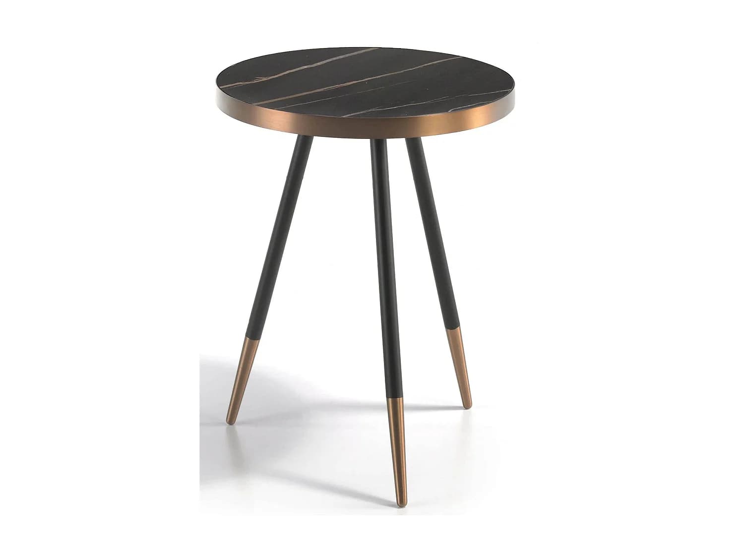 Table d'appoint ronde bois et porcelaine finition marbre pieds acier chromé bronze