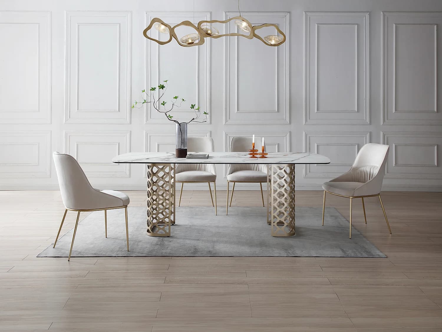 Table à manger 8 personnes en verre trempé et céramique - Effet marbre blanc et doré - GOLDENA