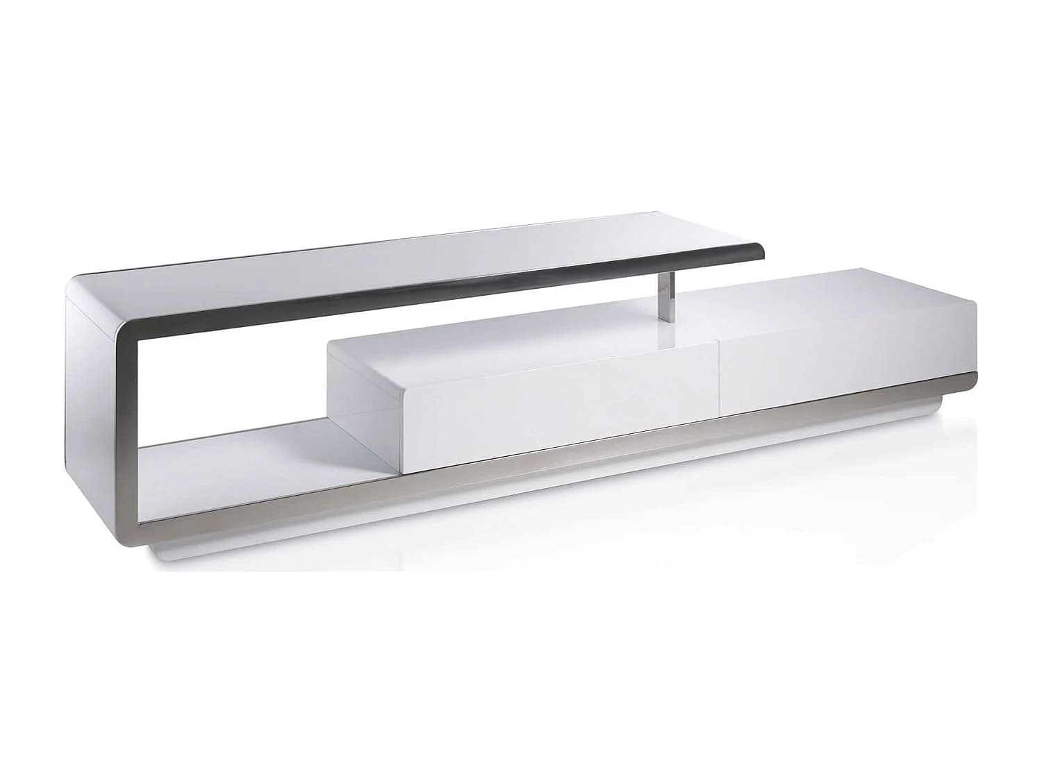 Meuble TV laqué avec façade acier inoxydable