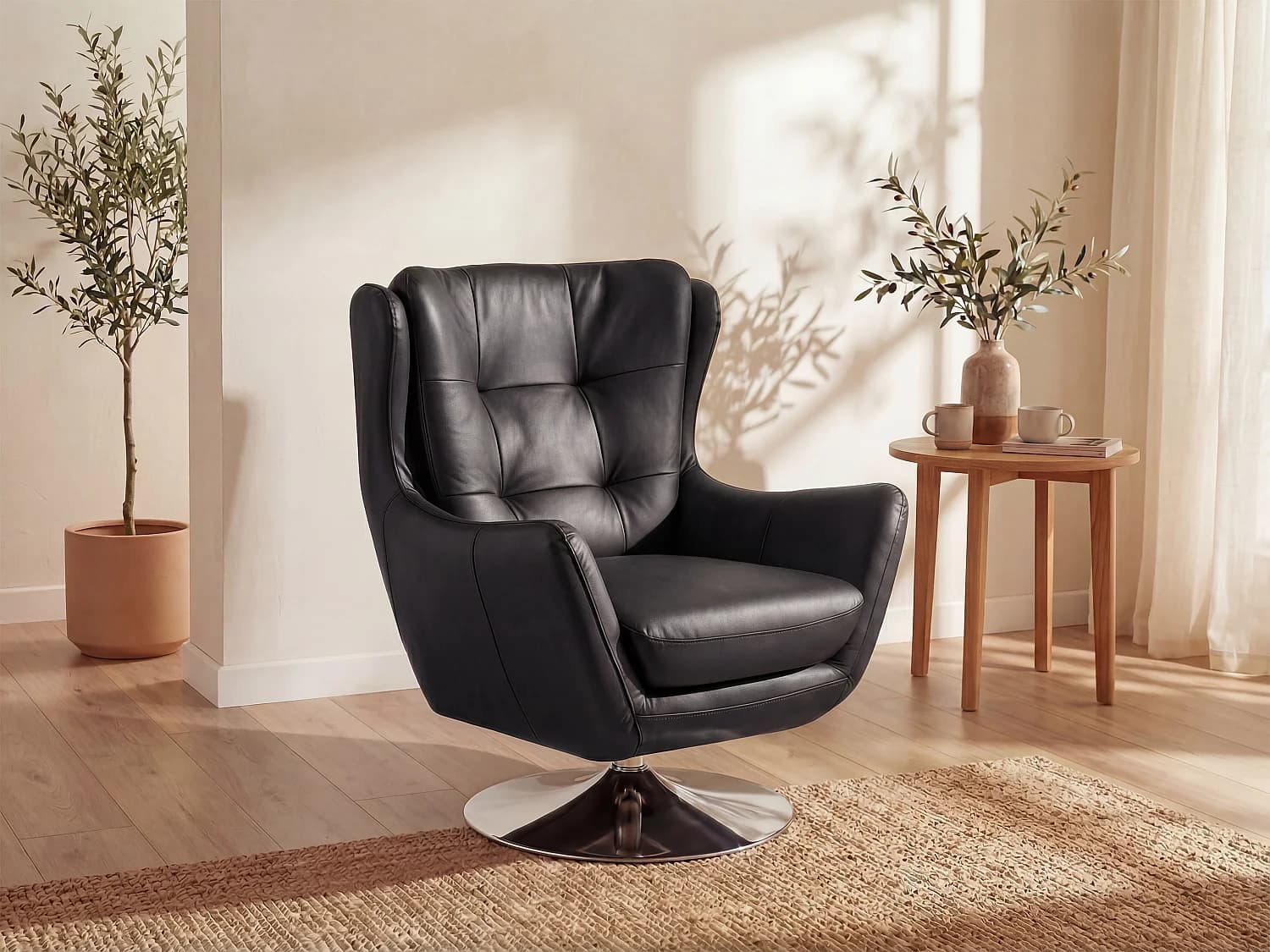 Fauteuil pivotant en cuir de buffle noir ANABA