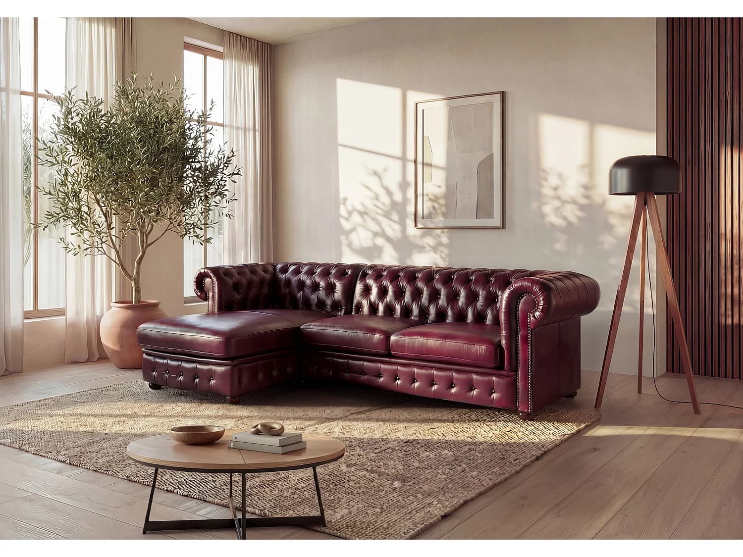 Canapé d'angle chesterfield BRENTON 100% cuir de buffle - Bordeaux- Angle gauche
