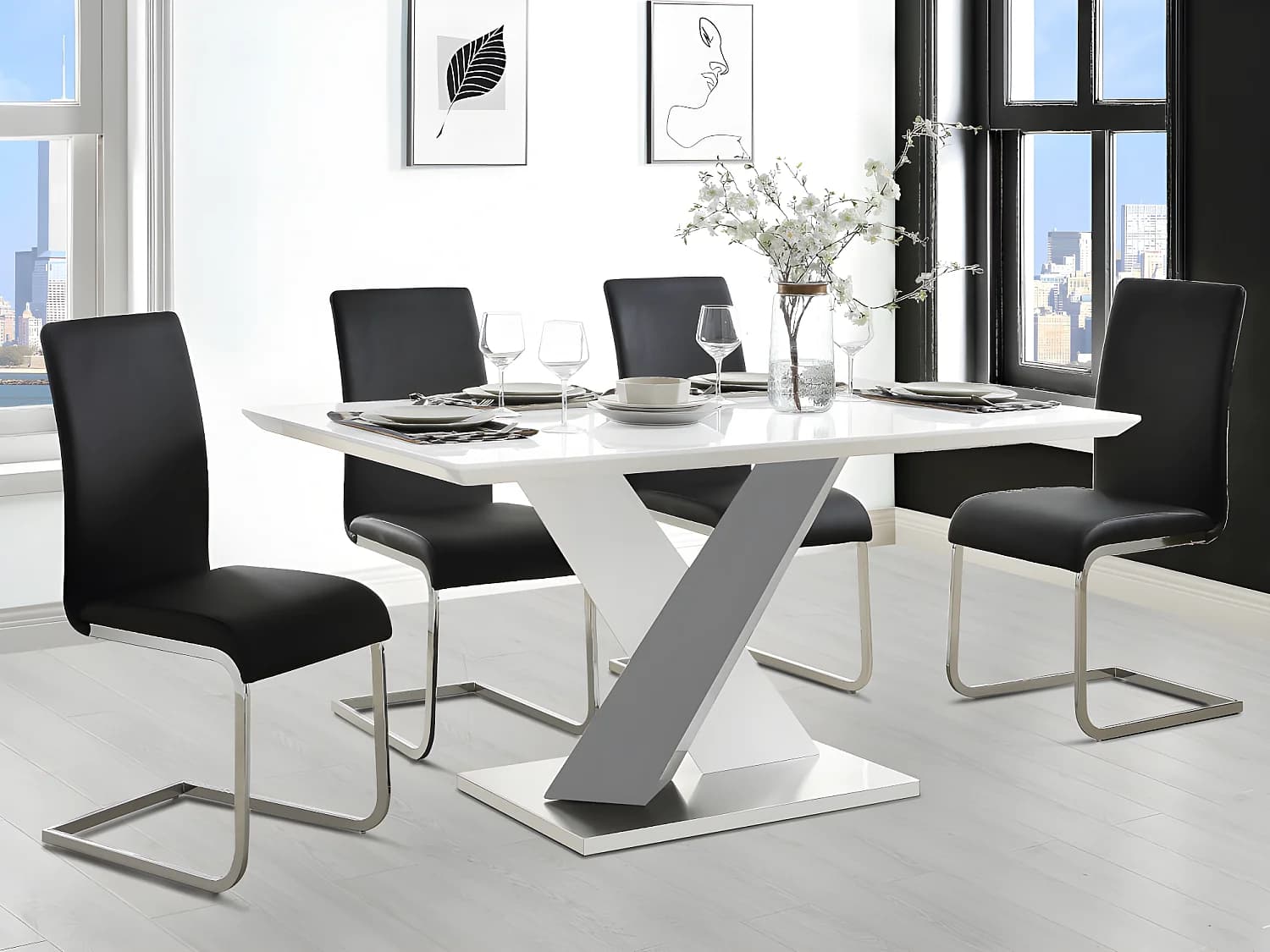 Table à manger SALVA - 6 personnes - MDF laqué - Blanc et anthracite