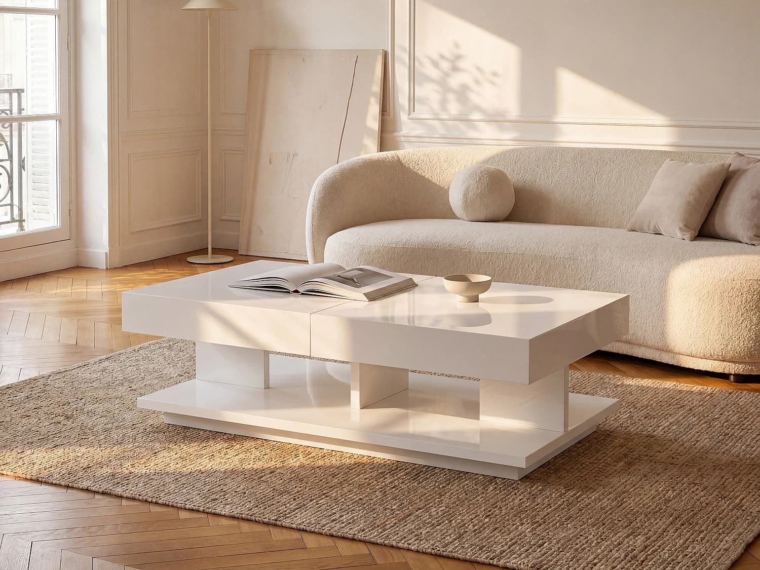 Table basse ARAMIS avec rangements - MDF laqué blanc