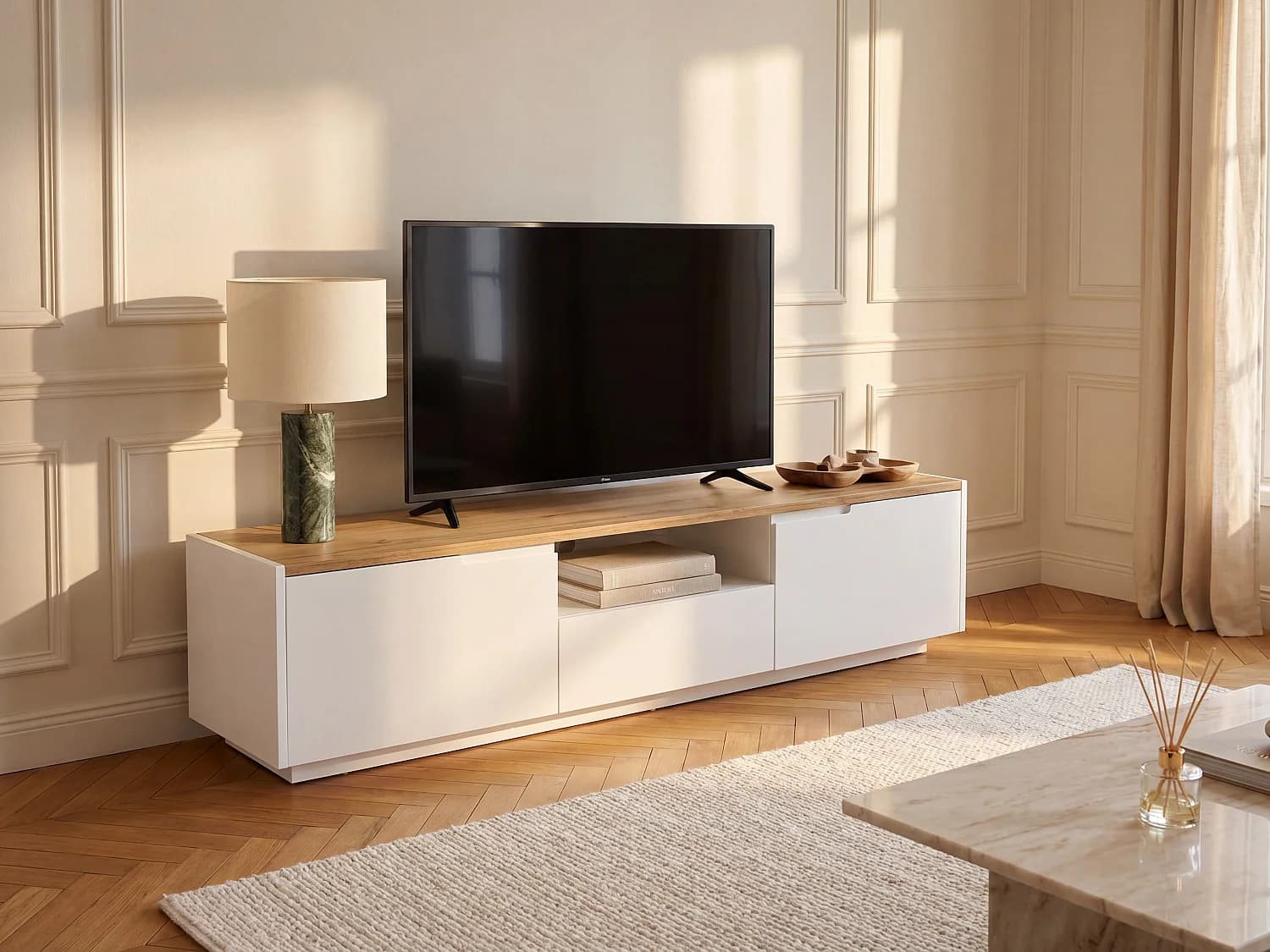 Meuble TV AMANI - 2 portes & 1 tiroir - MDF - Coloris: Blanc laqué et chêne