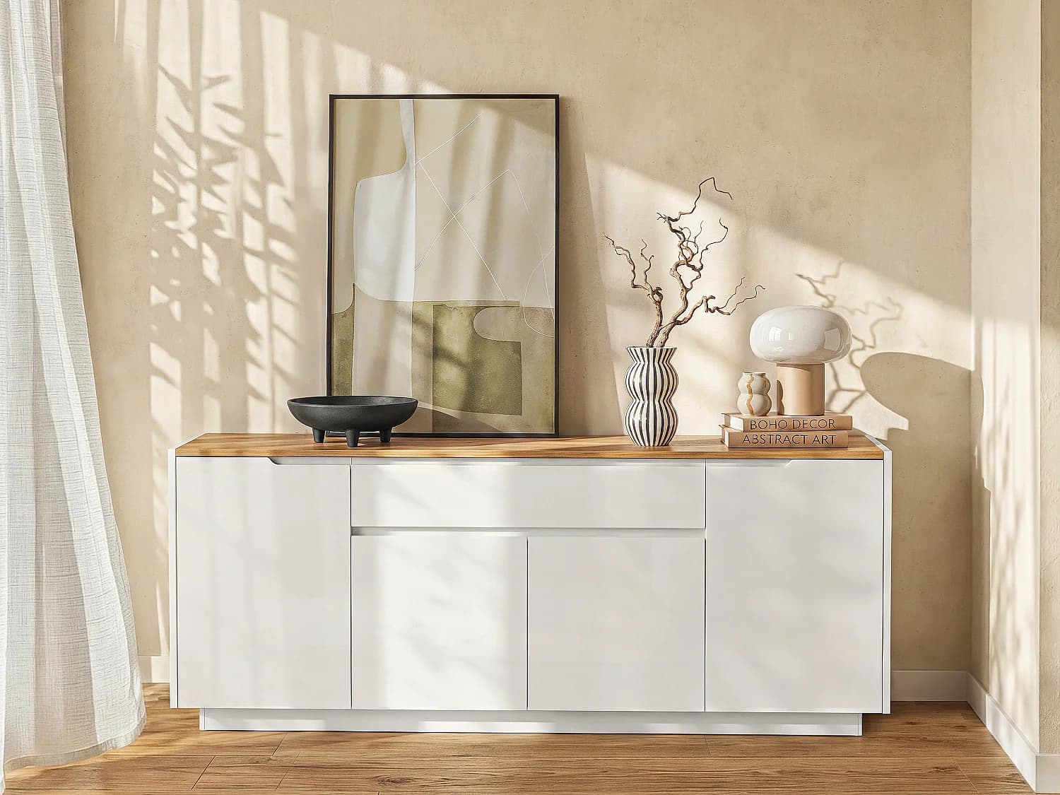 Buffet AMANI - 4 portes & 1 tiroir - MDF - Coloris: Blanc laqué et Chêne
