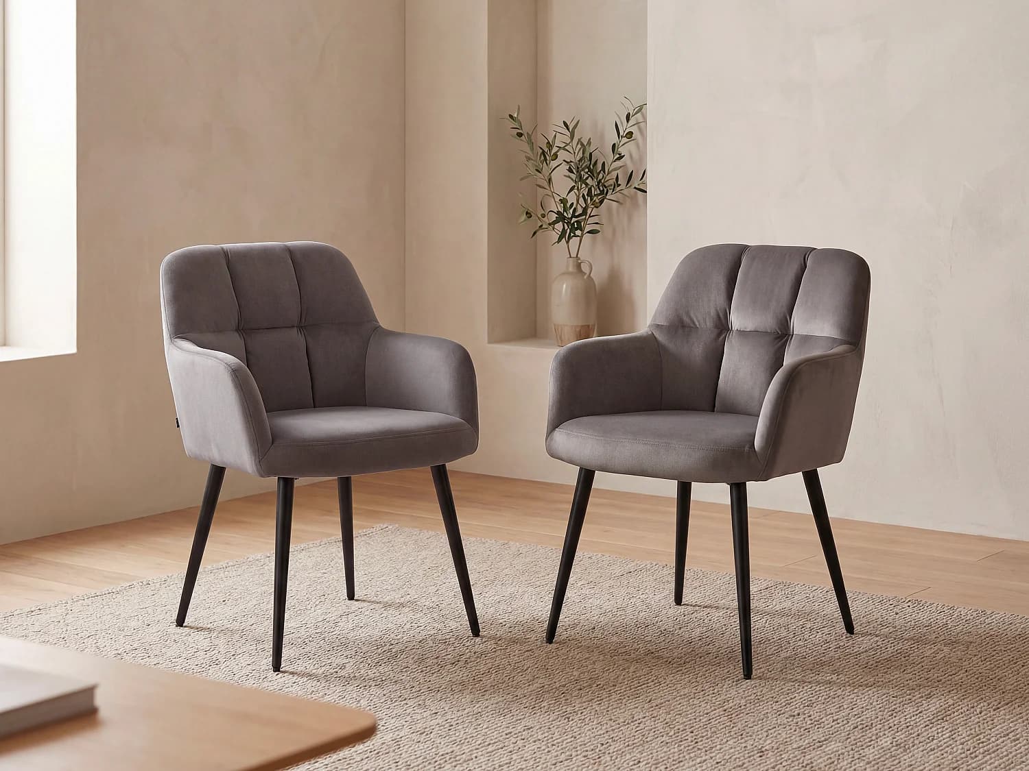 Lot de 2 chaises avec accoudoirs - Velours et métal - Gris - PEGA