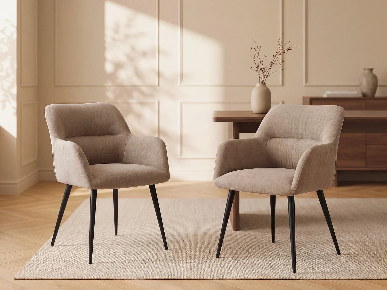 Lot de 2 chaises avec accoudoirs en tissu et métal noir - Beige - HEKA