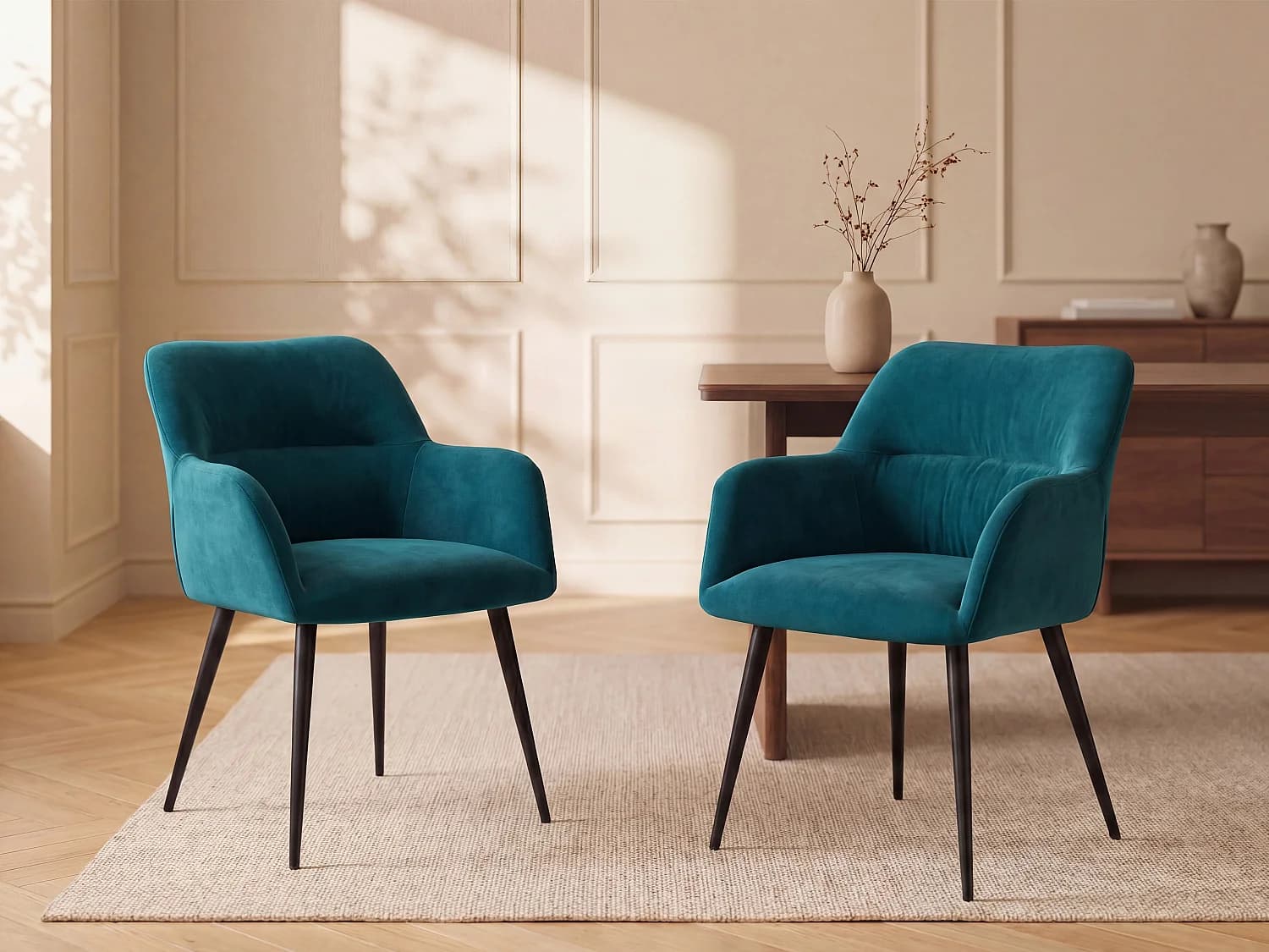 Lot de 2 chaises avec accoudoirs en tissu et métal noir - Bleu - HEKA