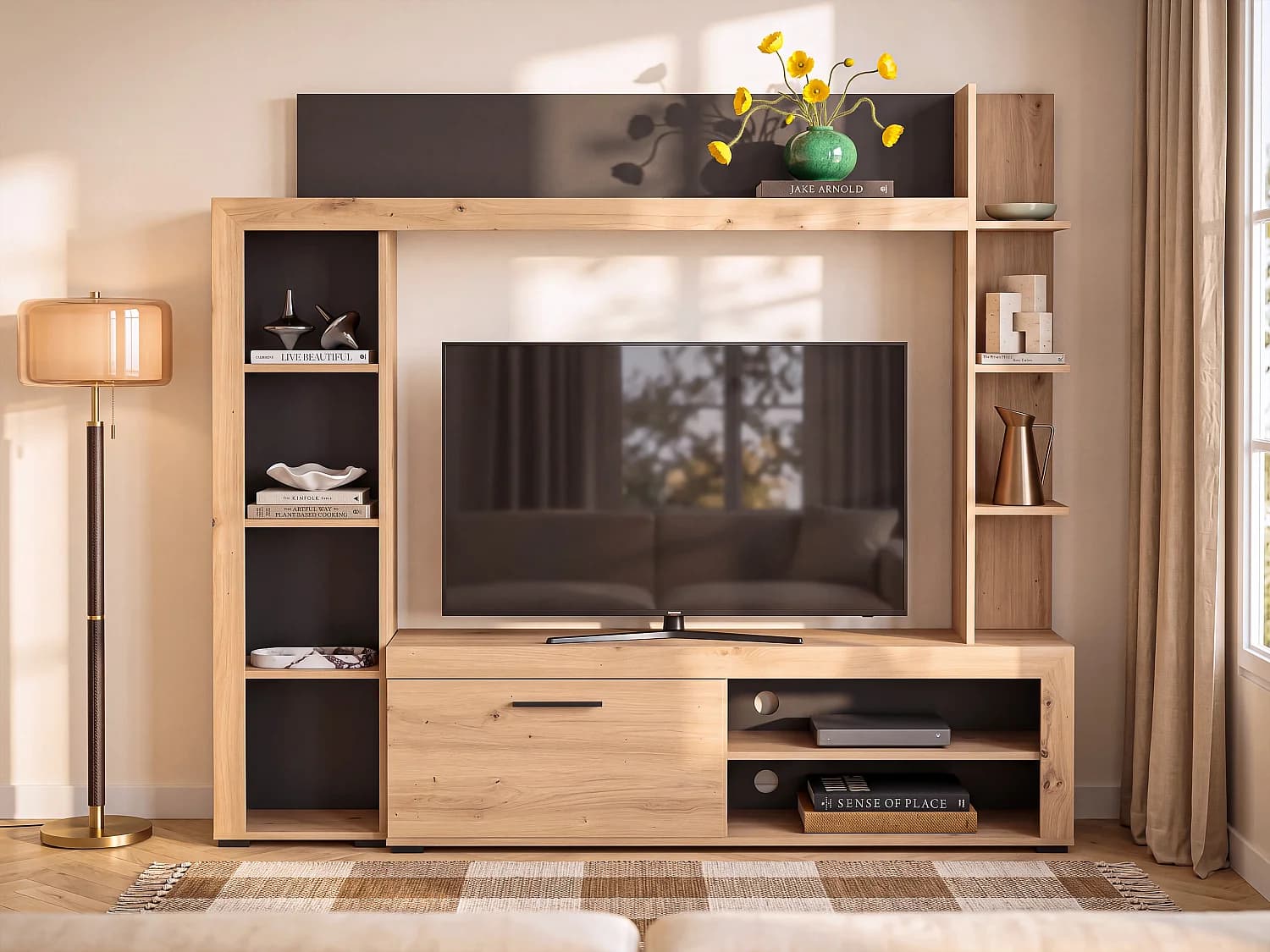 Mur TV BALTIMORE - Avec rangements - Coloris : Chêne & Anthracite