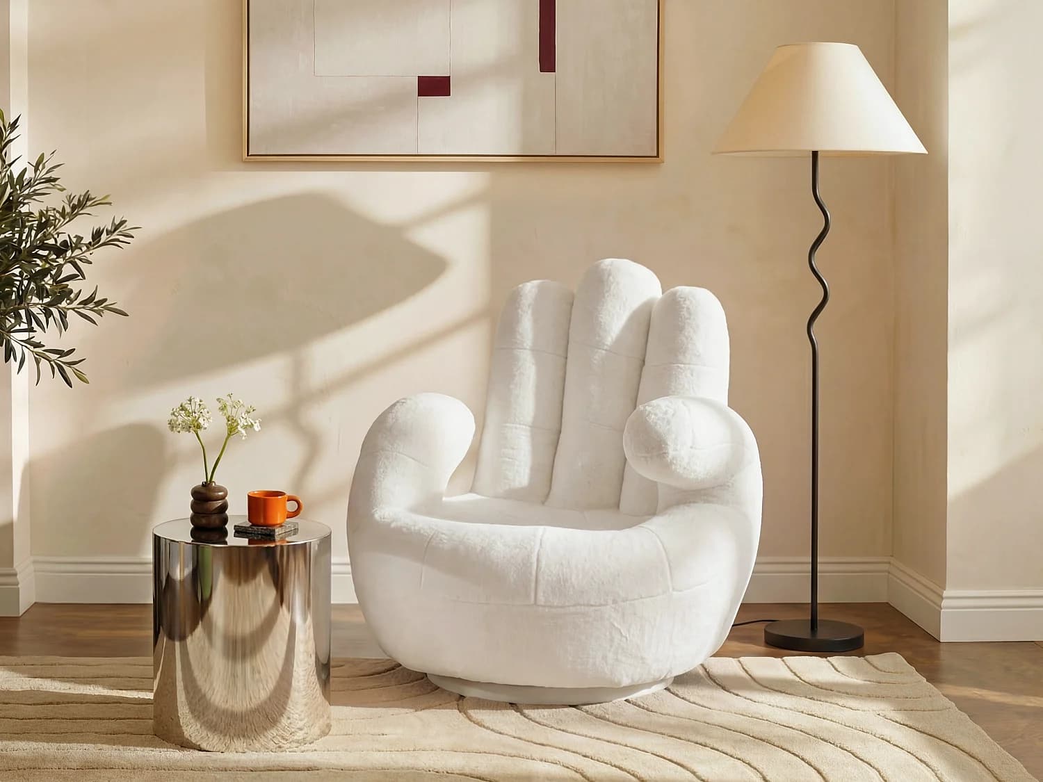 Fauteuil main pivotant CATCHY en fausse fourrure - Blanc