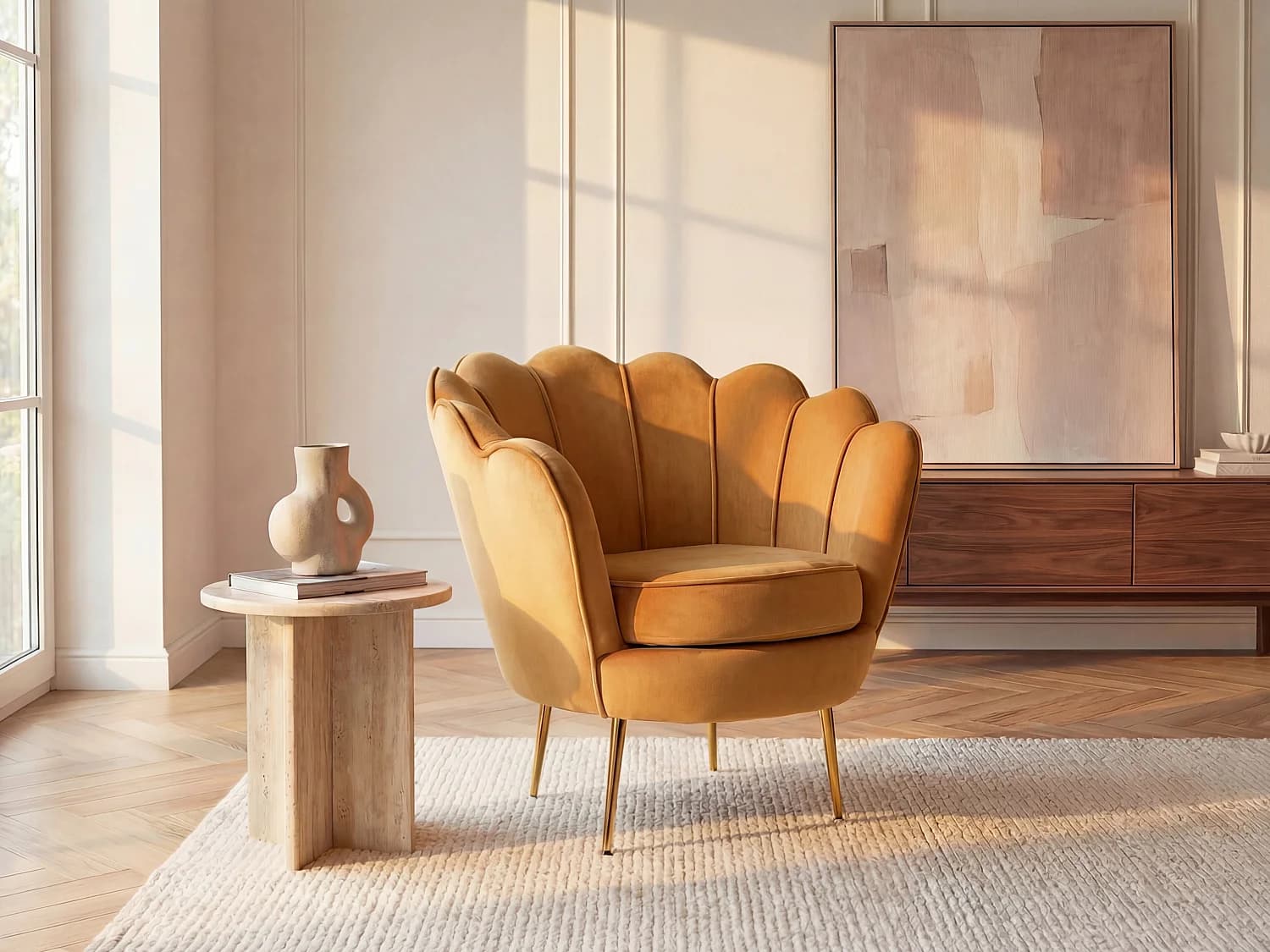 Fauteuil coquillage en velours jaune moutarde DANDELION