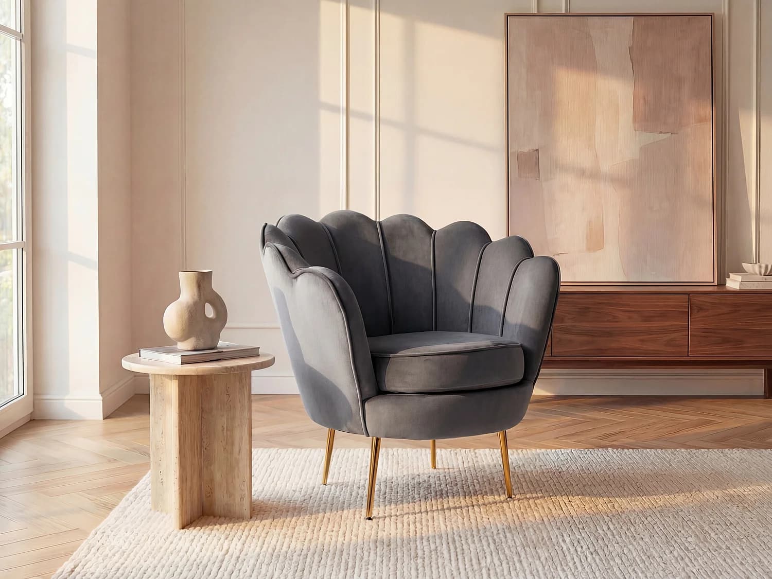 Fauteuil coquillage en velours anthracite DANDELION