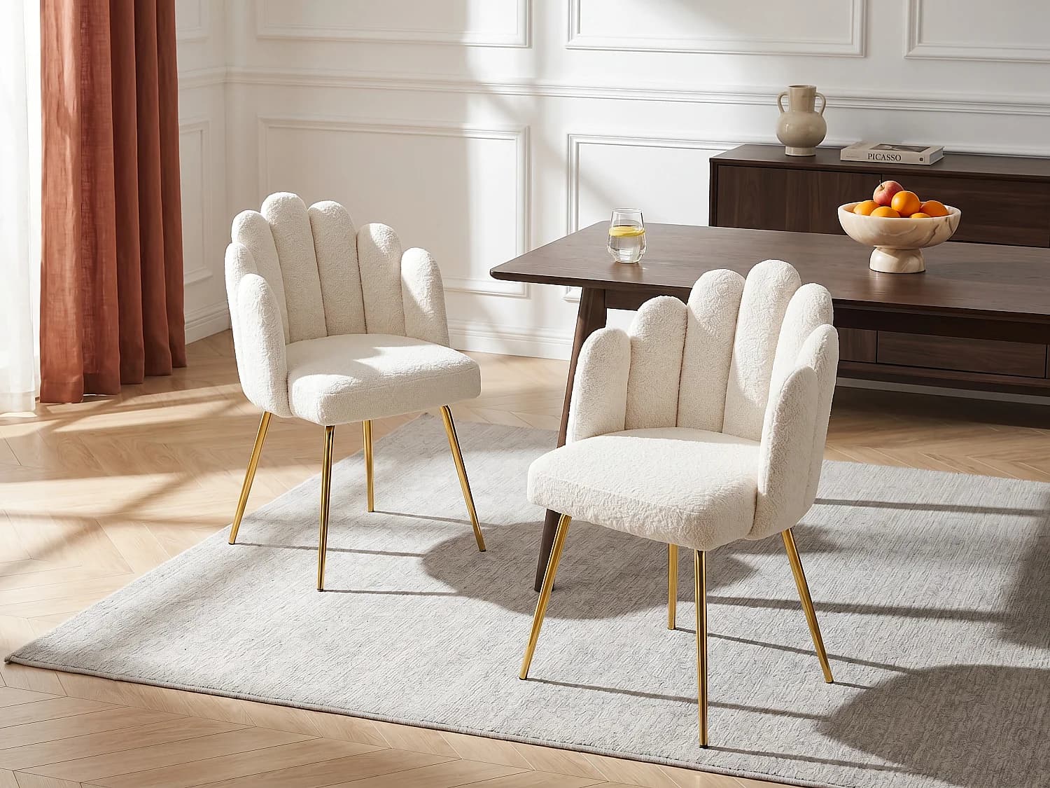 Lot de 2 chaises en tissu bouclette et métal doré - Crème - ALTINAM