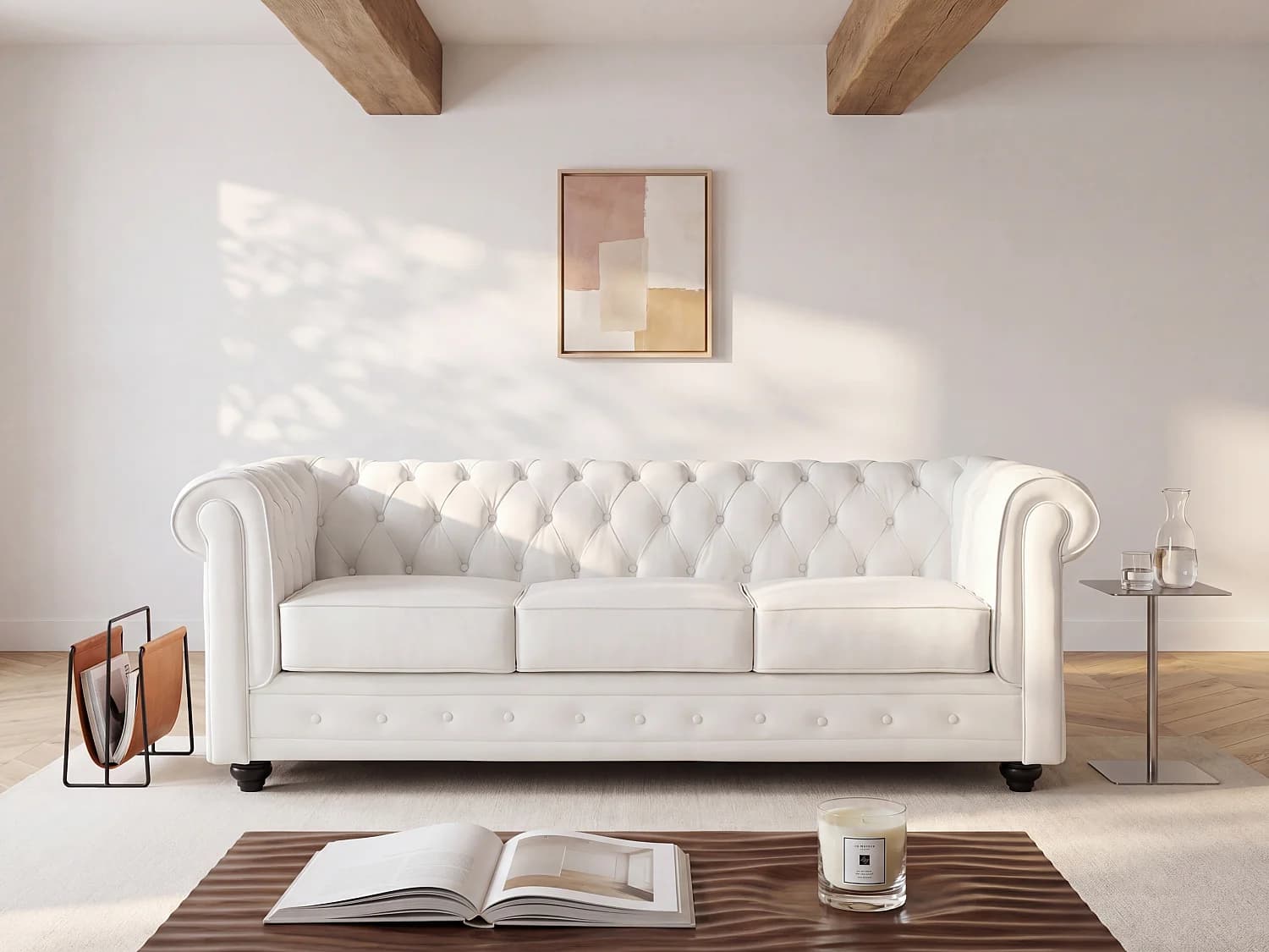 Canapé 3 places en cuir de buffle blanc CHESTERFIELD