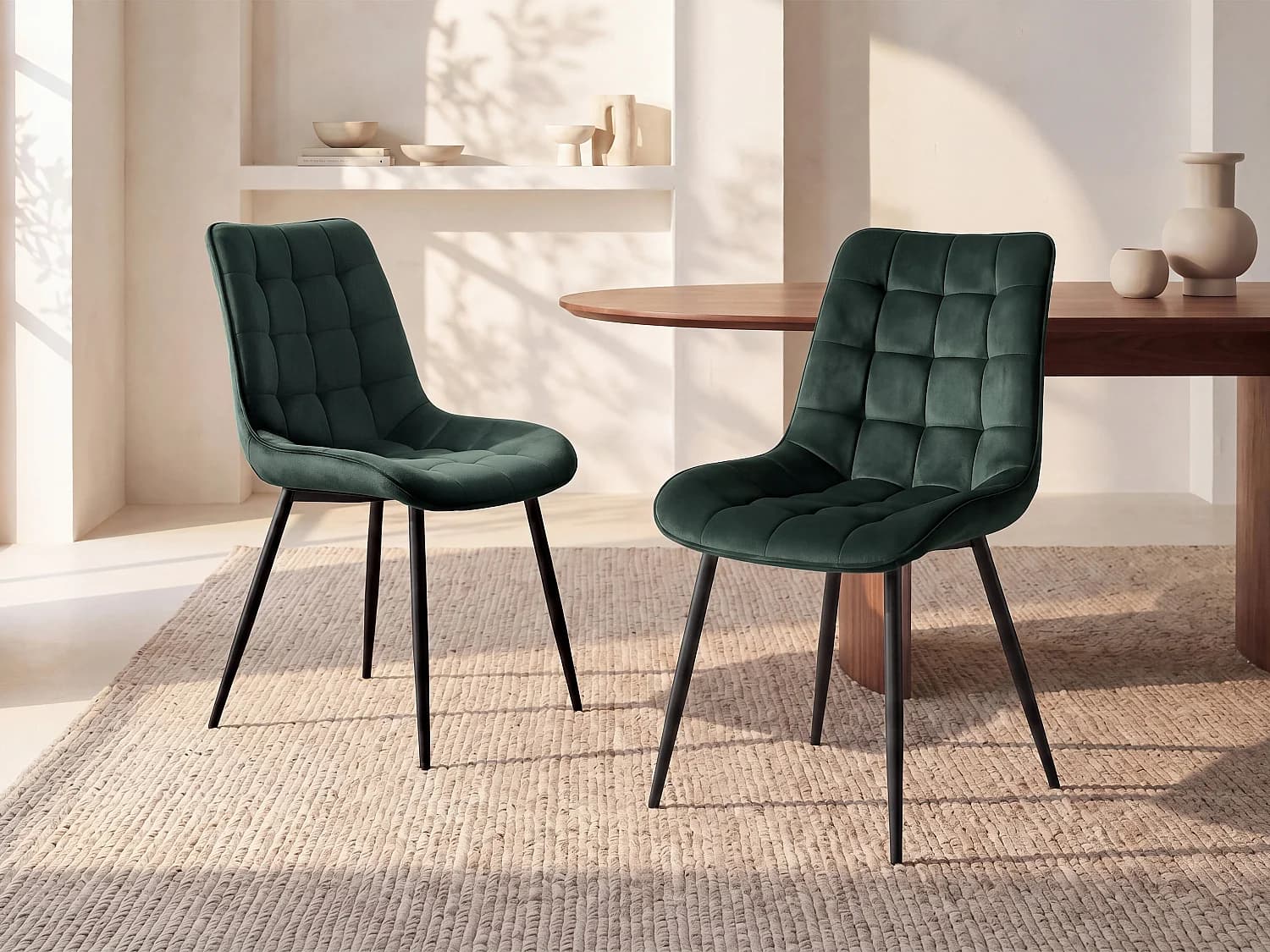 Lot de 6 chaises matelassées - Velours et métal noir - Vert - OLLUA