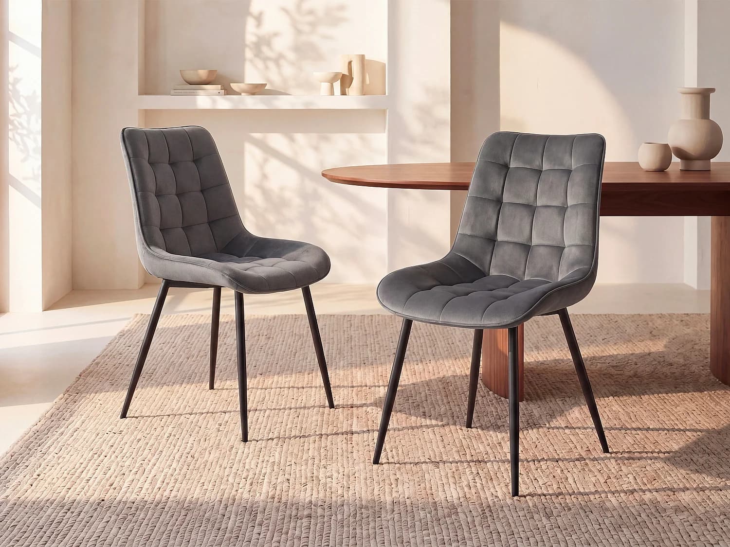 Lot de 6 chaises matelassées - Velours et métal noir - Gris - OLLUA