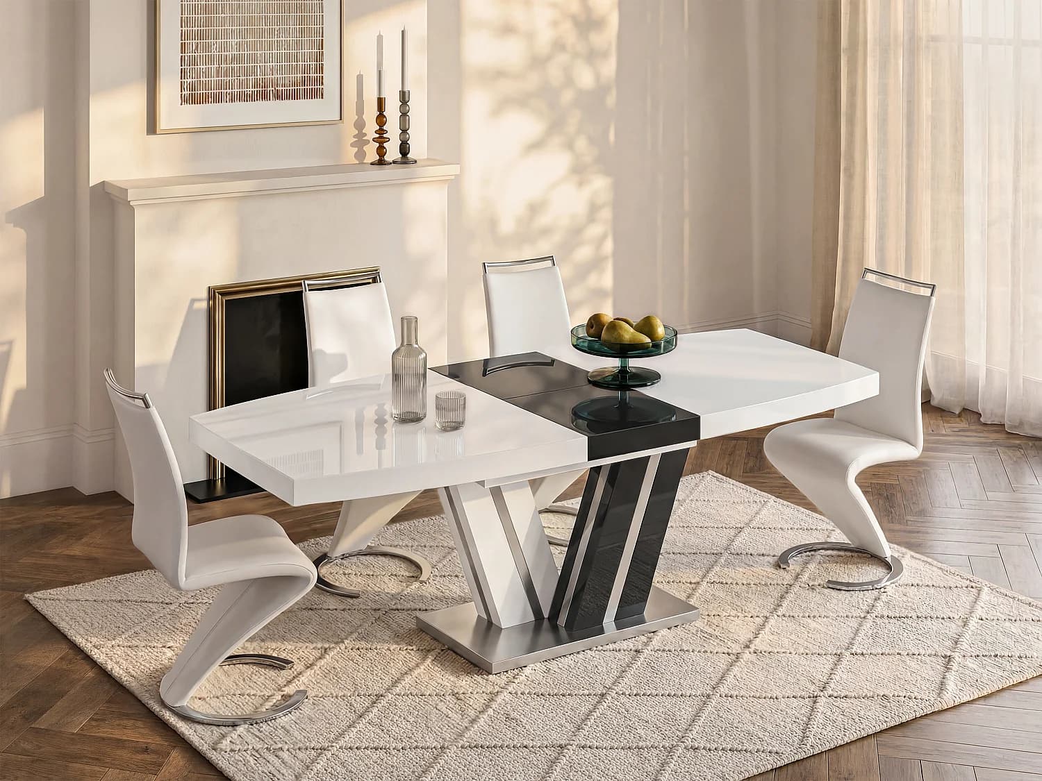 Table à manger extensible NOAMI II - 6 à 8 personnes - MDF laqué gris et blanc