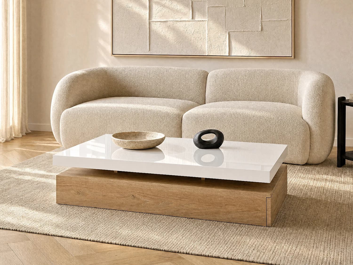Table basse avec 2 tiroirs en MDF - Naturel clair et blanc - FELIX