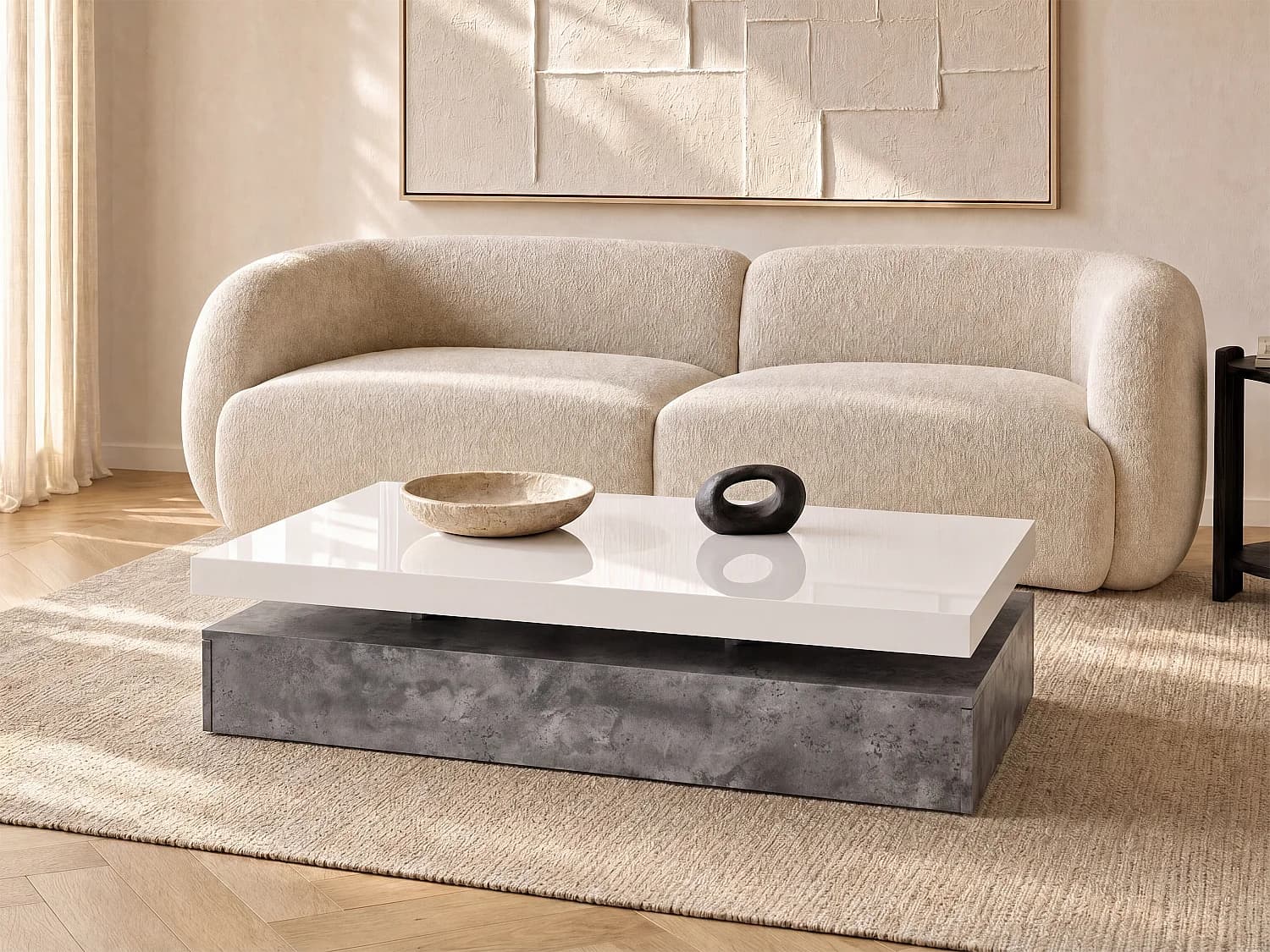 Table basse avec 2 tiroirs en MDF - Béton et blanc - FELIX