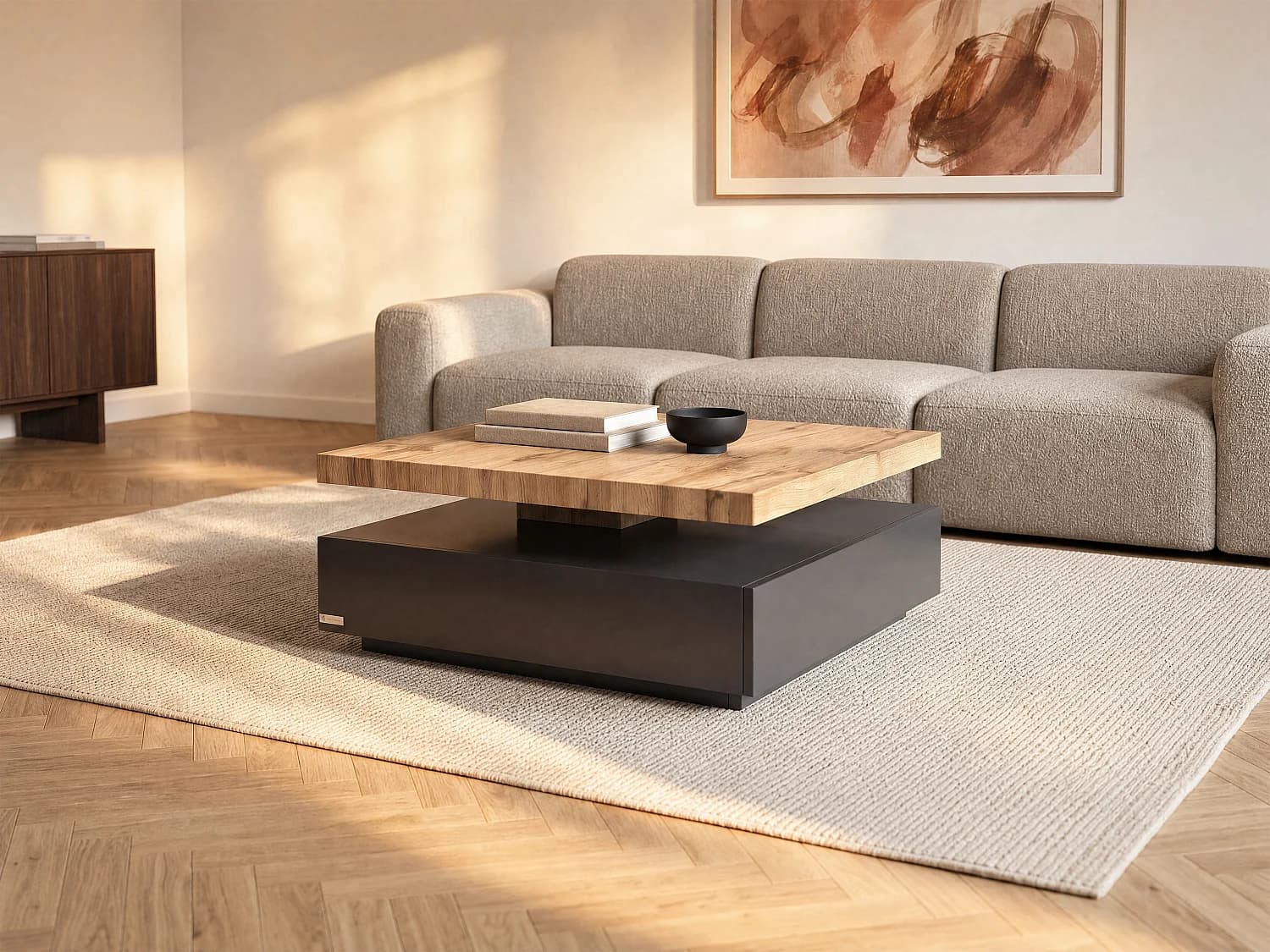 Table basse pivotante avec 1 tiroir en MDF - Anthracite et naturel - KYRIA