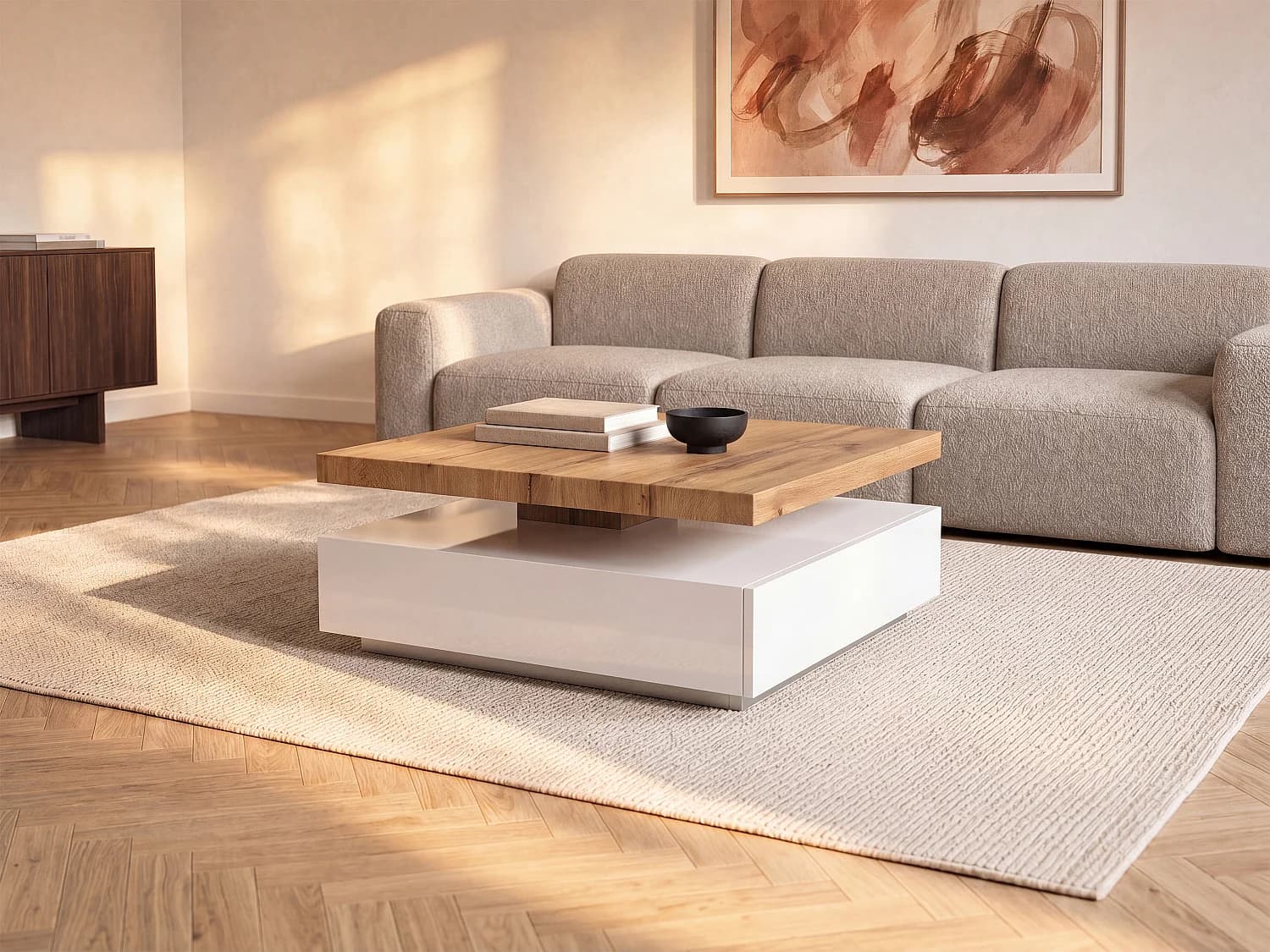 Table basse pivotante avec 1 tiroir en MDF - Blanc et Naturel - KYRIA