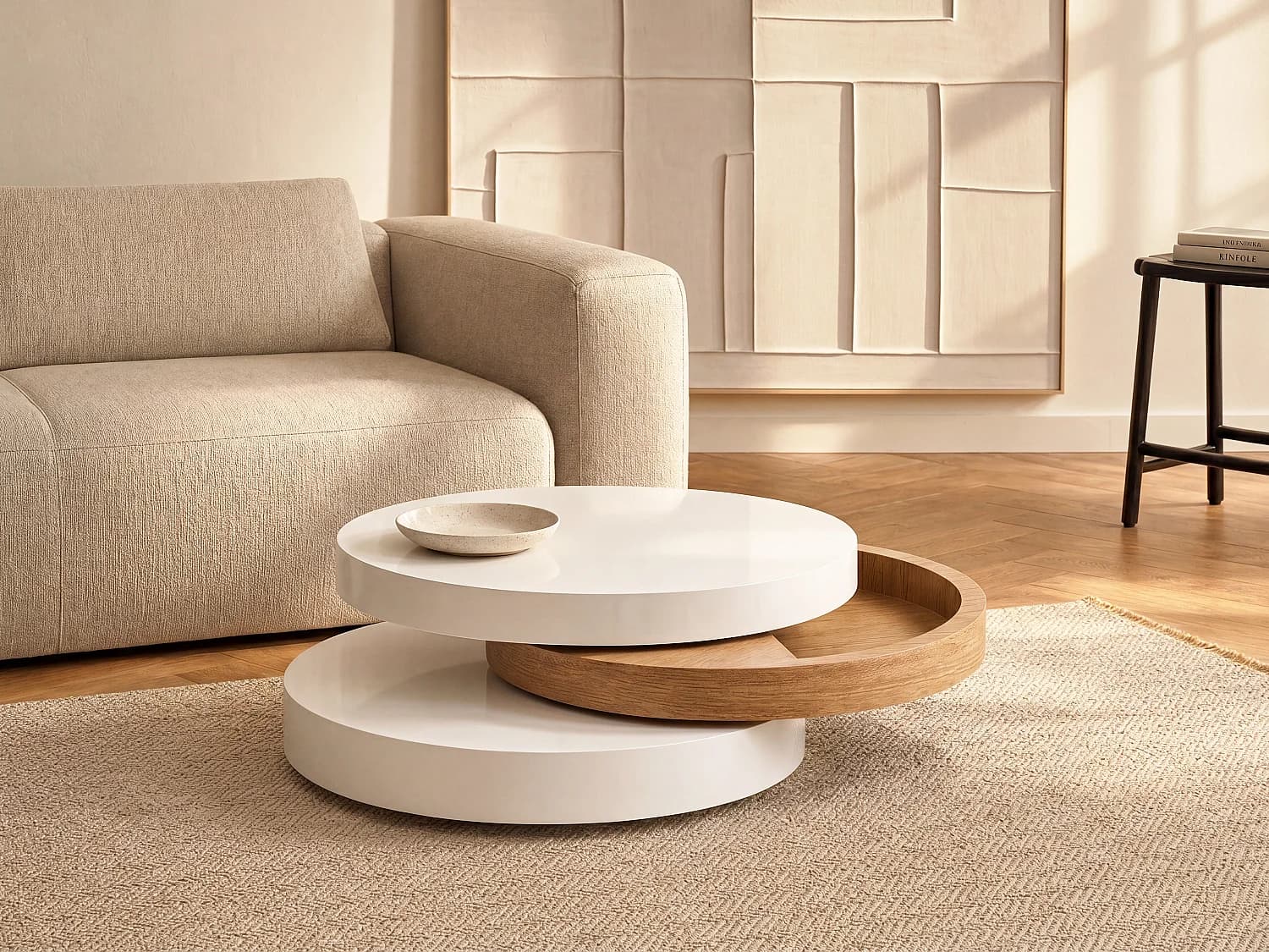 Table basse pivotante ronde avec 1 niche en MDF - Blanc et naturel clair - JANITA