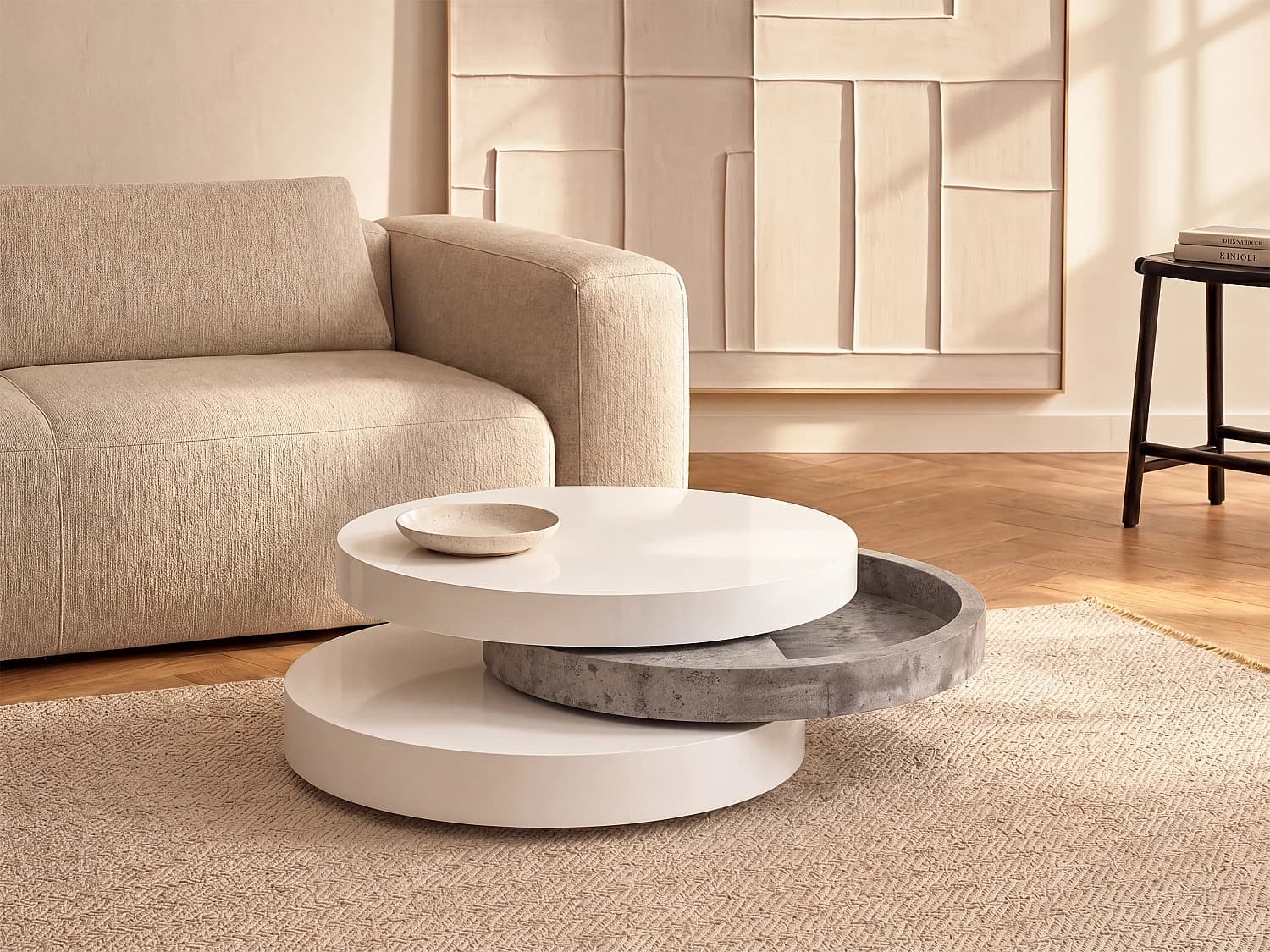Table basse pivotante ronde avec 1 niche en MDF - Béton et blanc - JANITA