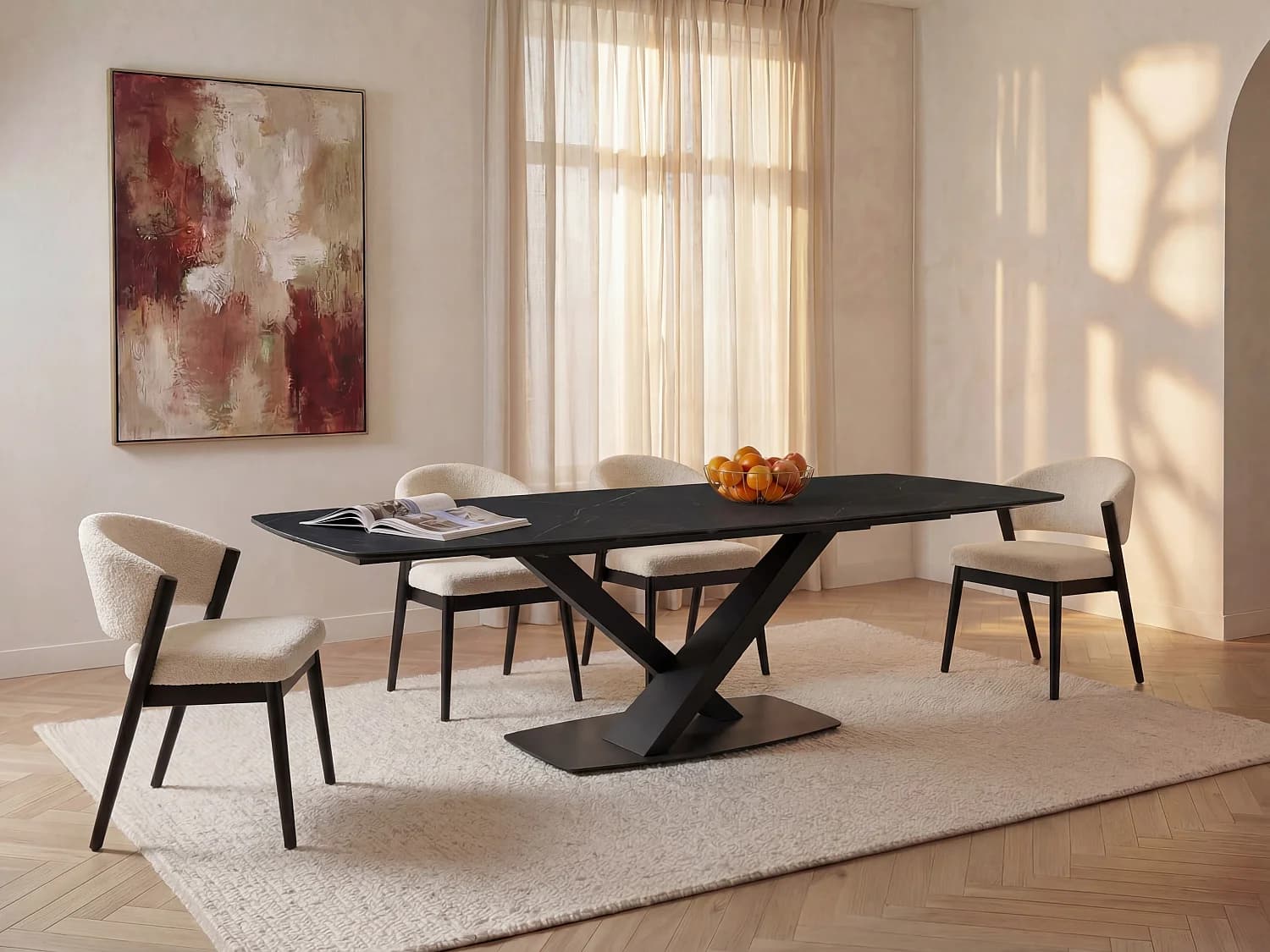 Table à manger extensible 6 à 10 personnes en verre trempé, céramique et métal - Effet marbre noir - MALATA de Maison Céphy