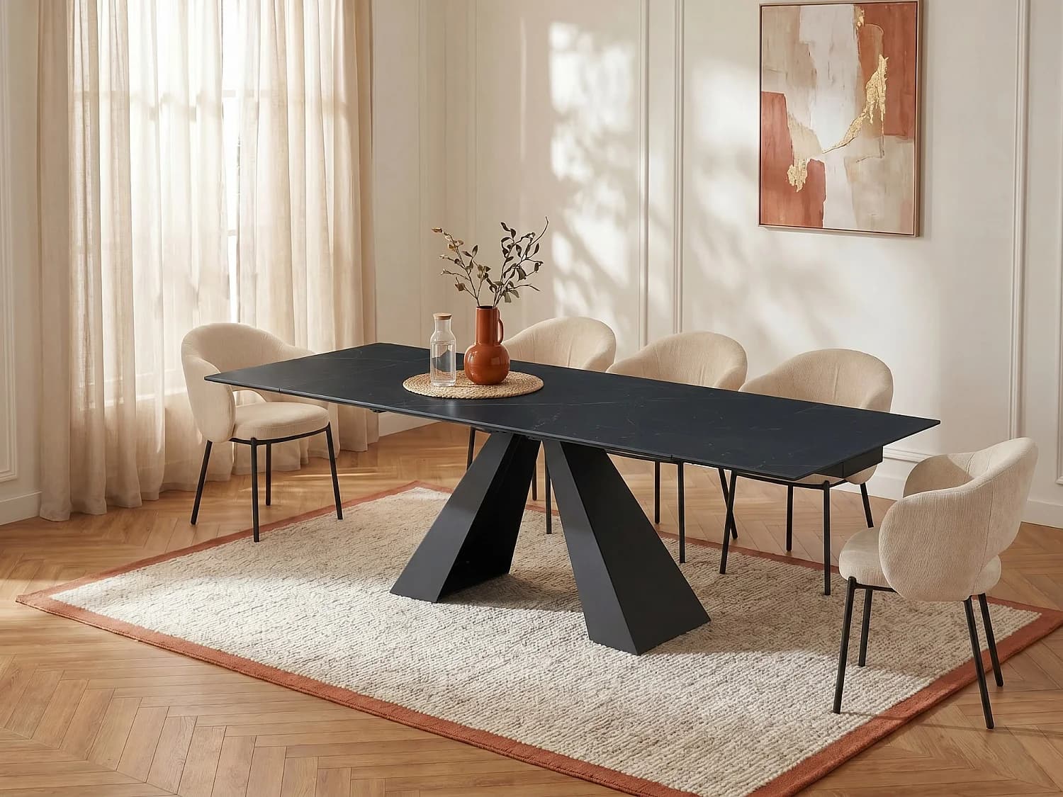 Table à manger extensible 6 à 10 personnes en verre trempé, céramique et métal - Effet marbre noir - LOZIPA de Maison Céphy