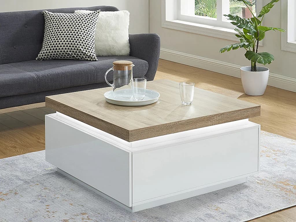 Table basse HALO II - 2 tiroirs - MDF laqué - Avec LEDs - Blanc et Chêne
