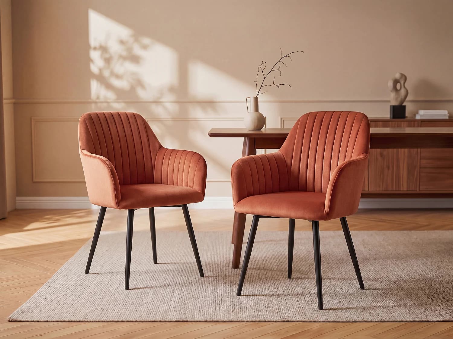 Lot de 2 chaises avec accoudoirs en velours et métal noir - Terracotta - ELEANA