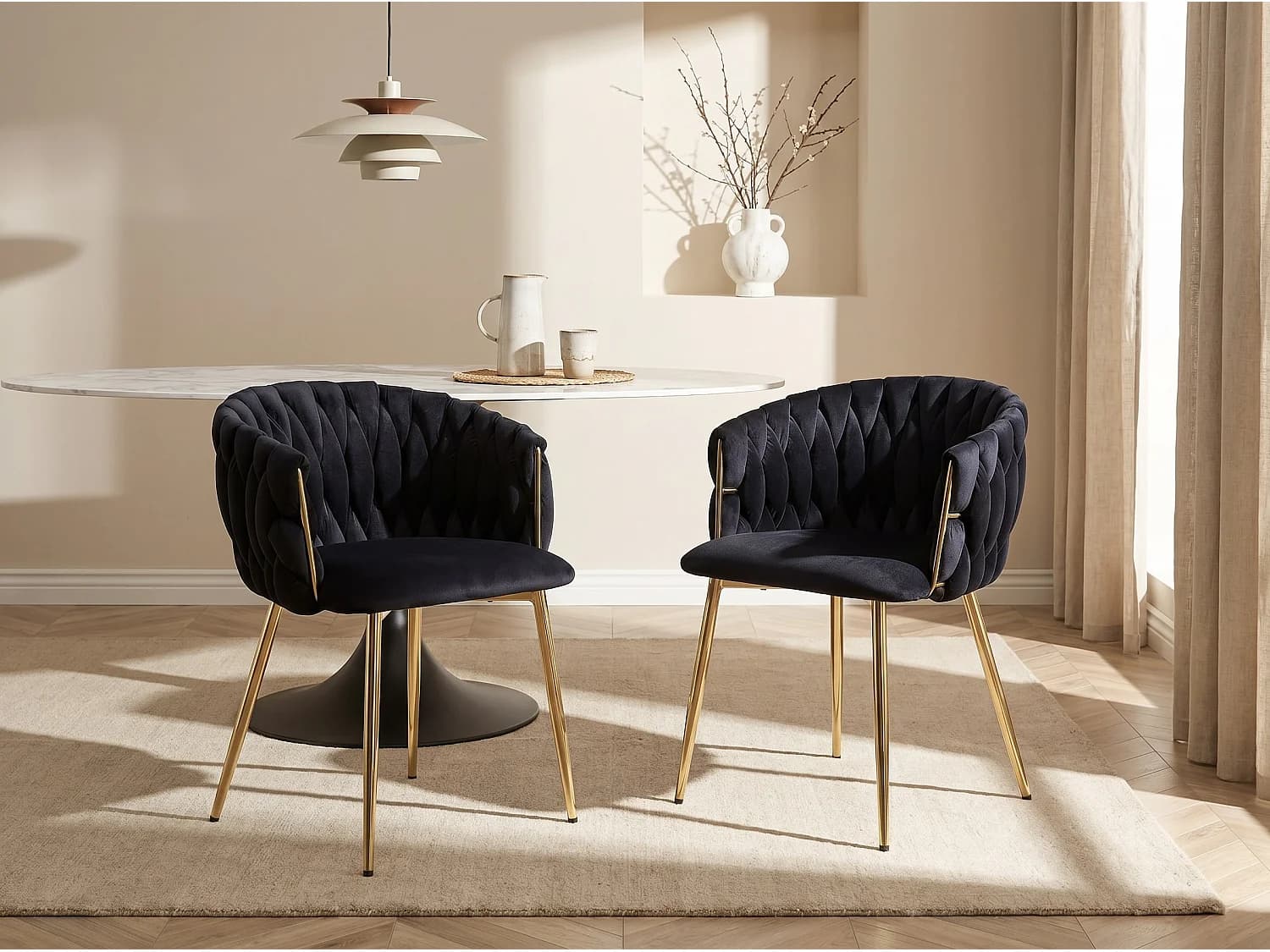 Lot de 2 chaises avec accoudoirs en velours et métal doré - Noir - ELEGANO
