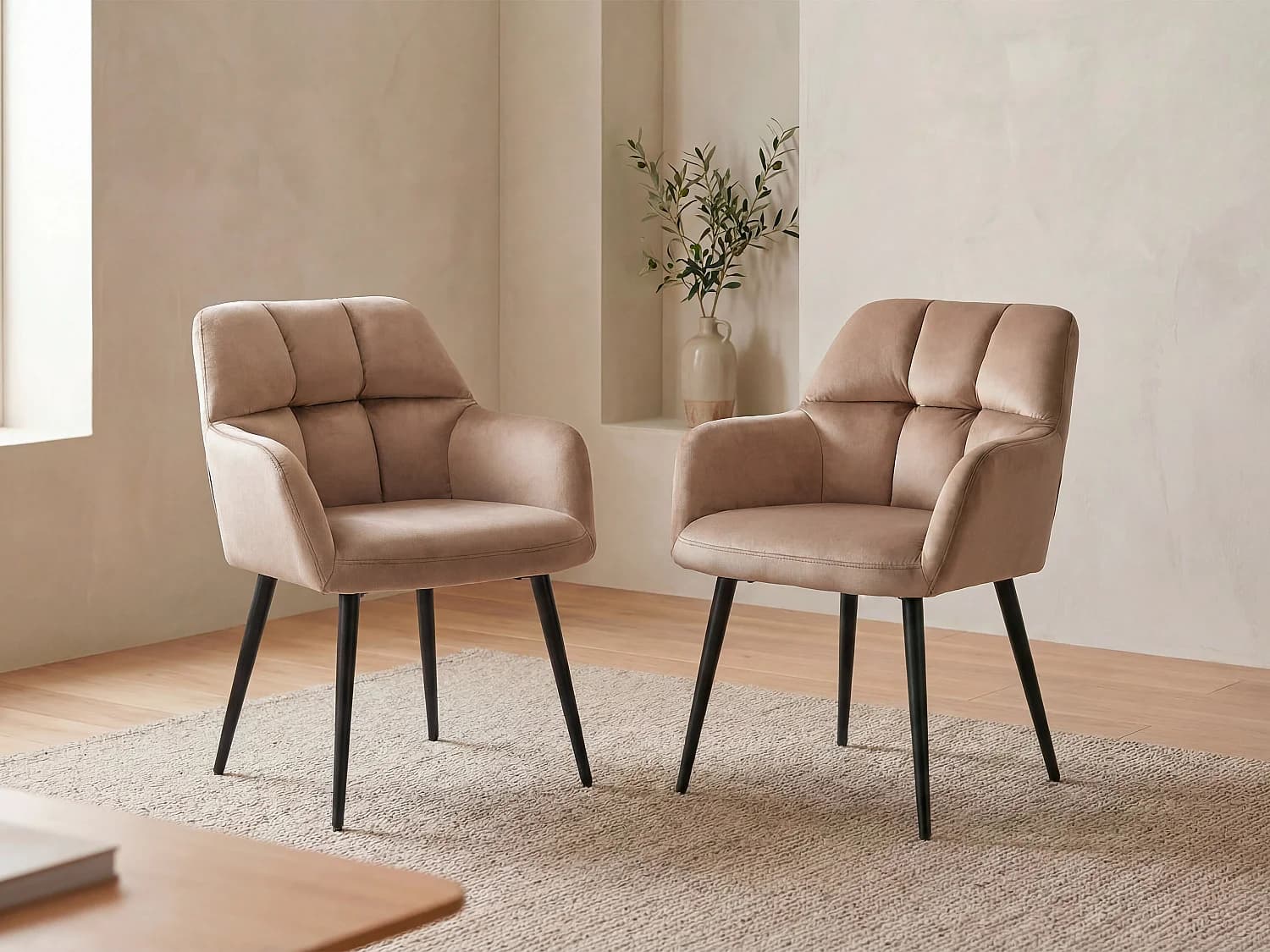 Lot de 2 chaises avec accoudoirs - Velours et métal - Beige - PEGA