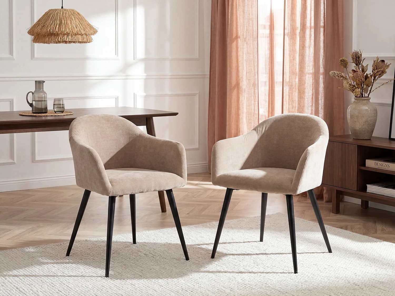 Lot de 2 chaises BIBO - avec accoudoirs - Effet velours & métal - Beige