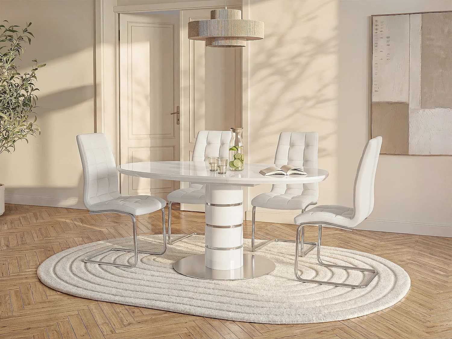 Table à manger extensible - 4 à 6 personnes - MDF et métal inoxydable - Blanc laqué - CUSCO