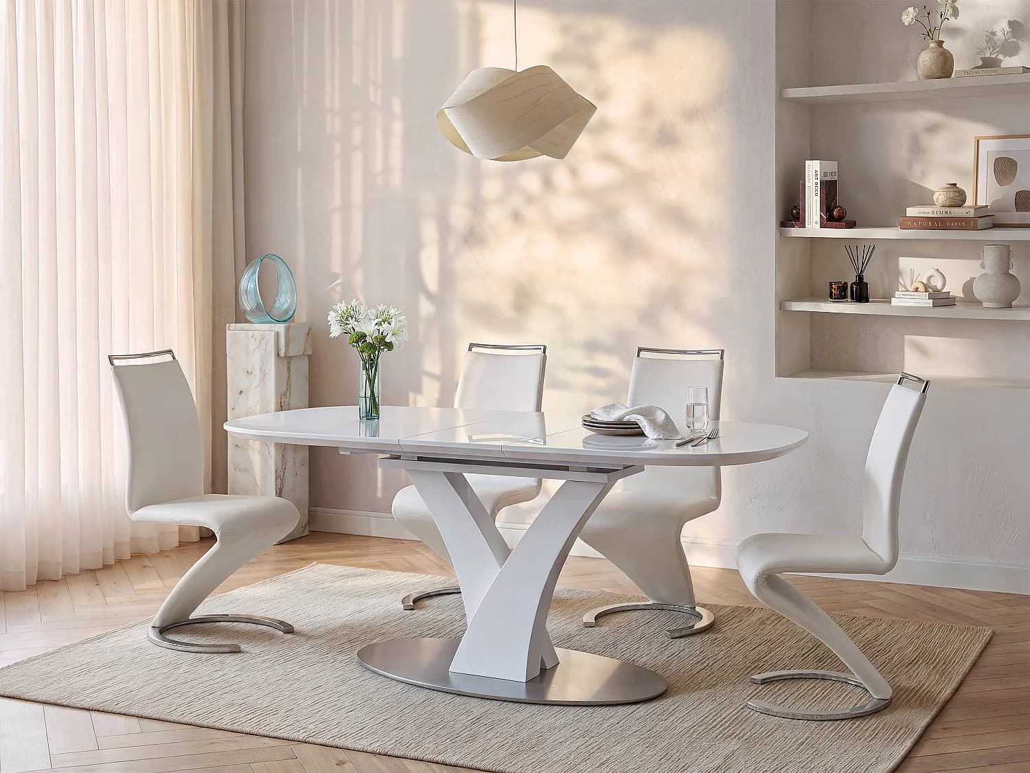 Table à manger extensible - 6 à 8 personnes - MDF et métal inoxydable - Blanc laqué - TALARA