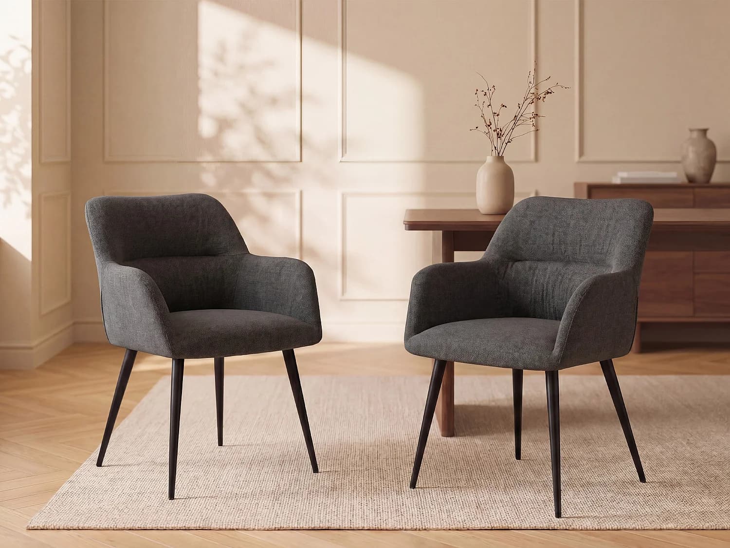 Lot de 2 chaises avec accoudoirs en tissu et métal noir - Gris - HEKA