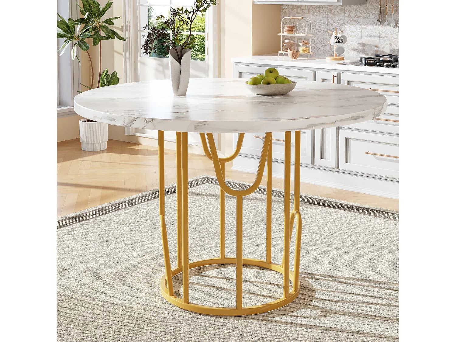 URBAN MEUBLE Table de salle à manger ronde effet marbre blanc piètement métallique doré
