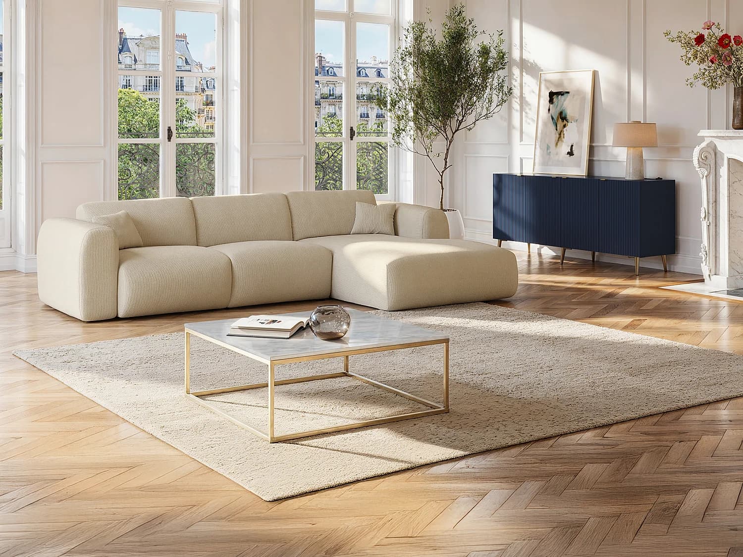 Table basse design ARETHA - Marbre et Métal - Blanc et Doré