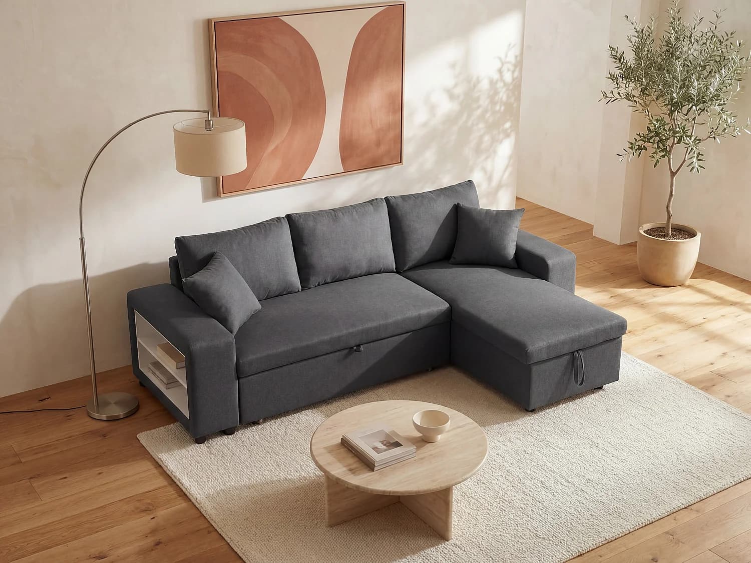 Canapé d'angle convertible et réversible avec rangements et poufs en tissu anthracite SELIM