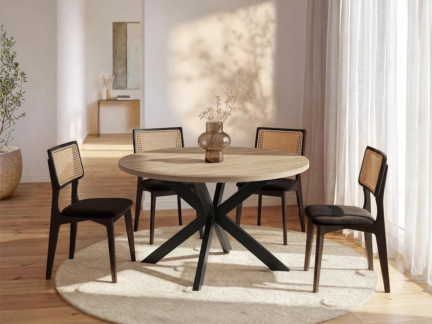 Table à manger TILKI - 4 personnes - MDF & Métal - Chêne et Noir