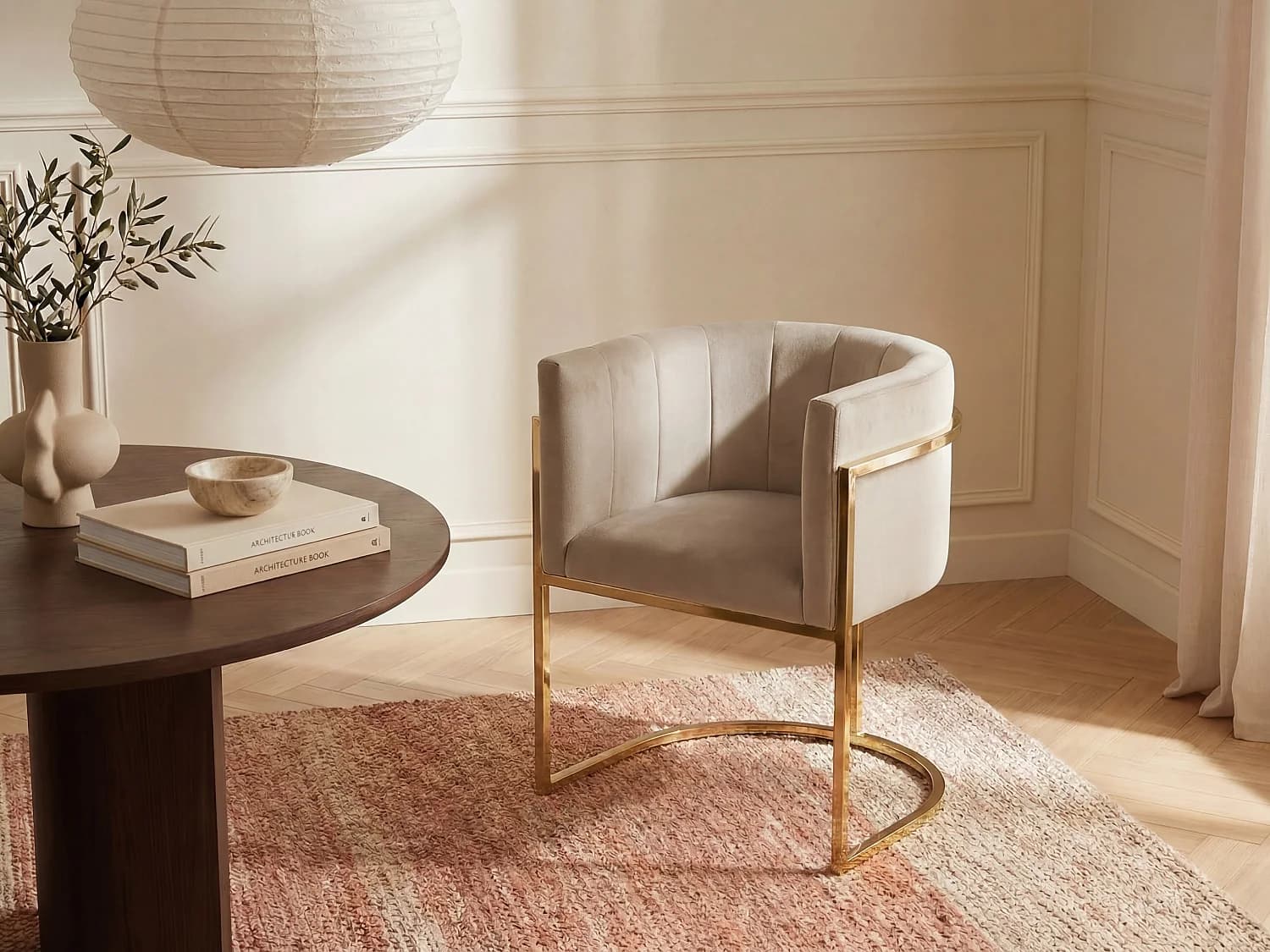 Chaise avec accoudoirs - Velours et acier inoxydable - Beige et doré - PERIA